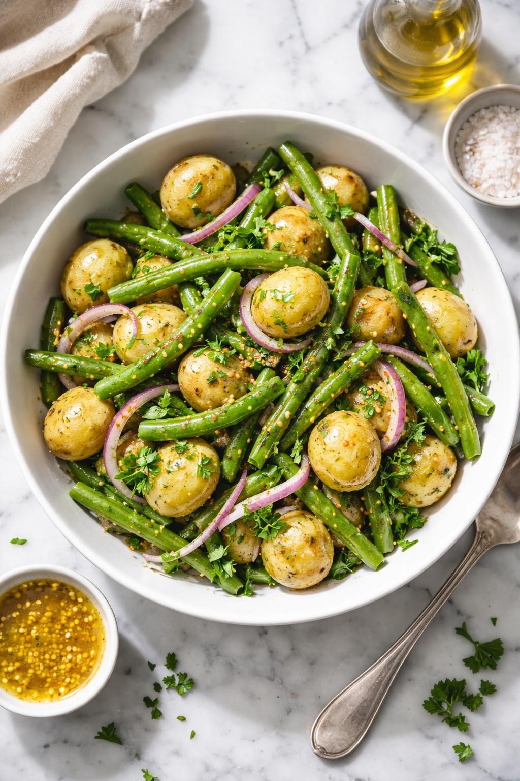 Image Prompt: Realistic top-down editorial food photography of a cold green bean and potato salad in a white bowl on a marble countertop, tender baby potatoes and chilled green beans tossed with red onion, parsley, and mustard vinaigrette, bright natural light, soft shadows, clean homemade styling, high detail, realistic food texture, no people, no hands, no text, no watermarks, no props with writing.