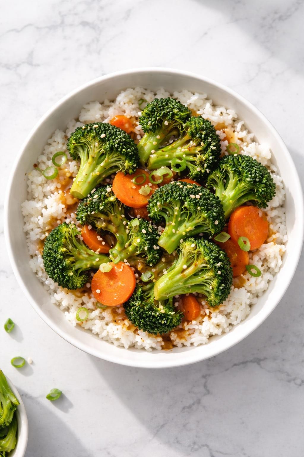Image Prompt: Realistic top-down editorial food photography of a vegan broccoli rice bowl in a white bowl on a clean white marble countertop, fluffy rice topped with steamed broccoli, carrots, and a glossy savory sauce, simple healthy lunch styling, bright natural daylight, no people, no hands, no text, no watermarks, no props with writing.