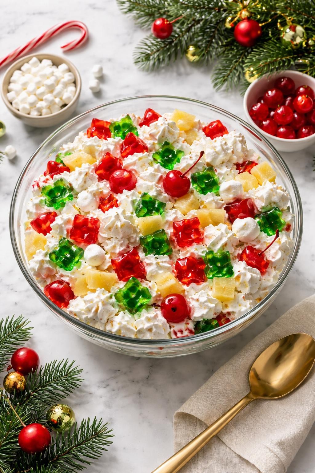 Image Prompt: Realistic top-down editorial food photography of holiday red and green jello fruit salad in a clear glass bowl on a clean white and gray marble countertop, festive red and green jello cubes mixed with whipped topping, pineapple, marshmallows, and cherries, cheerful holiday potluck styling, bright natural window lighting, soft shadows, clean composition, high detail, realistic texture, no people, no hands, no text, no watermarks, no props with writing.