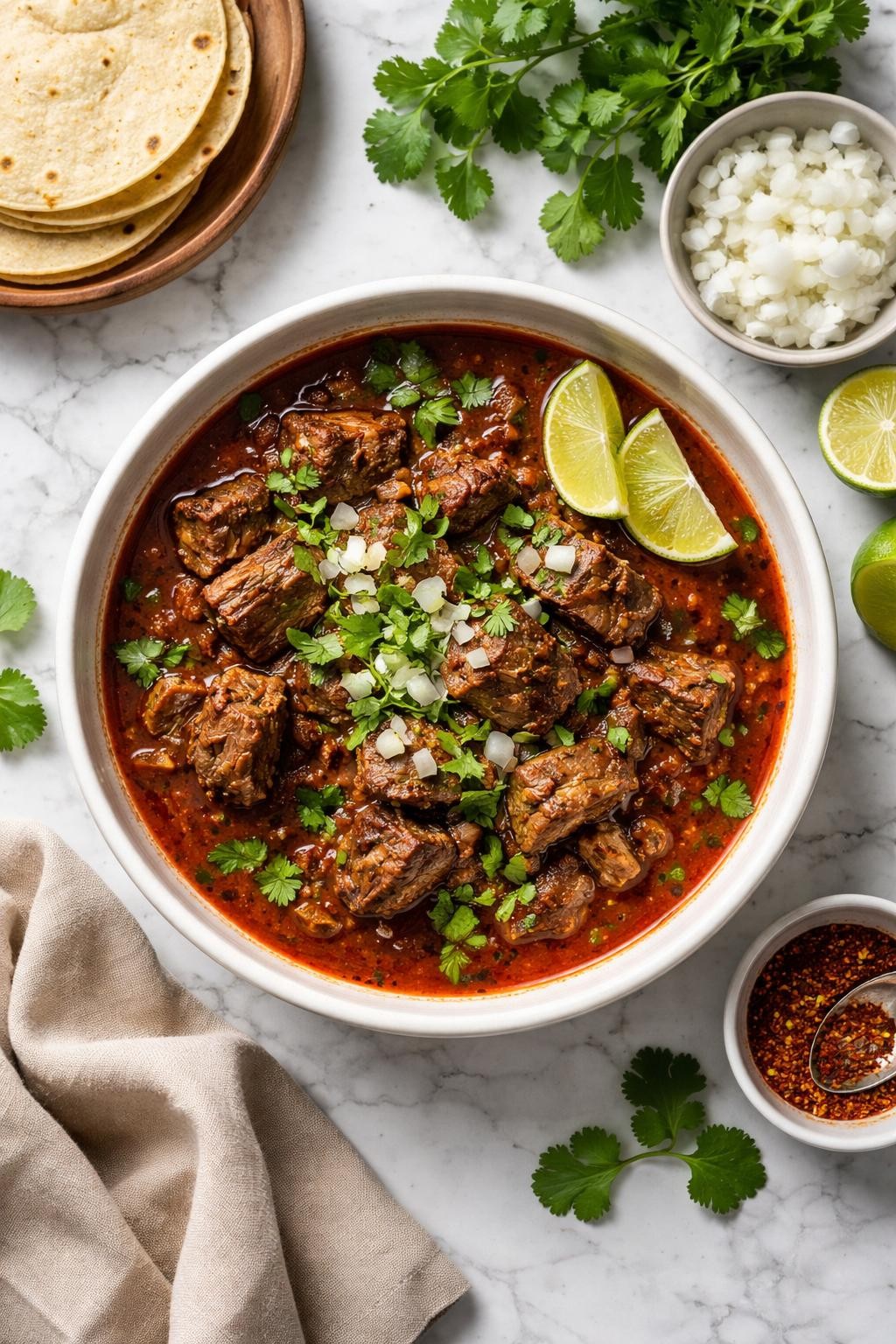 An overheard picture view of a plate of  Birria de Res  sitting on a marble countertop table in the kitchen, professional food photography style.
