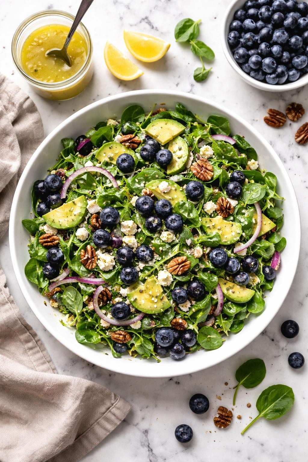 An overheard picture view of a plate of Simple Blueberry Salad with Lemon Vinaigrette sitting on a marble countertop table in the kitchen, professional food photography style.