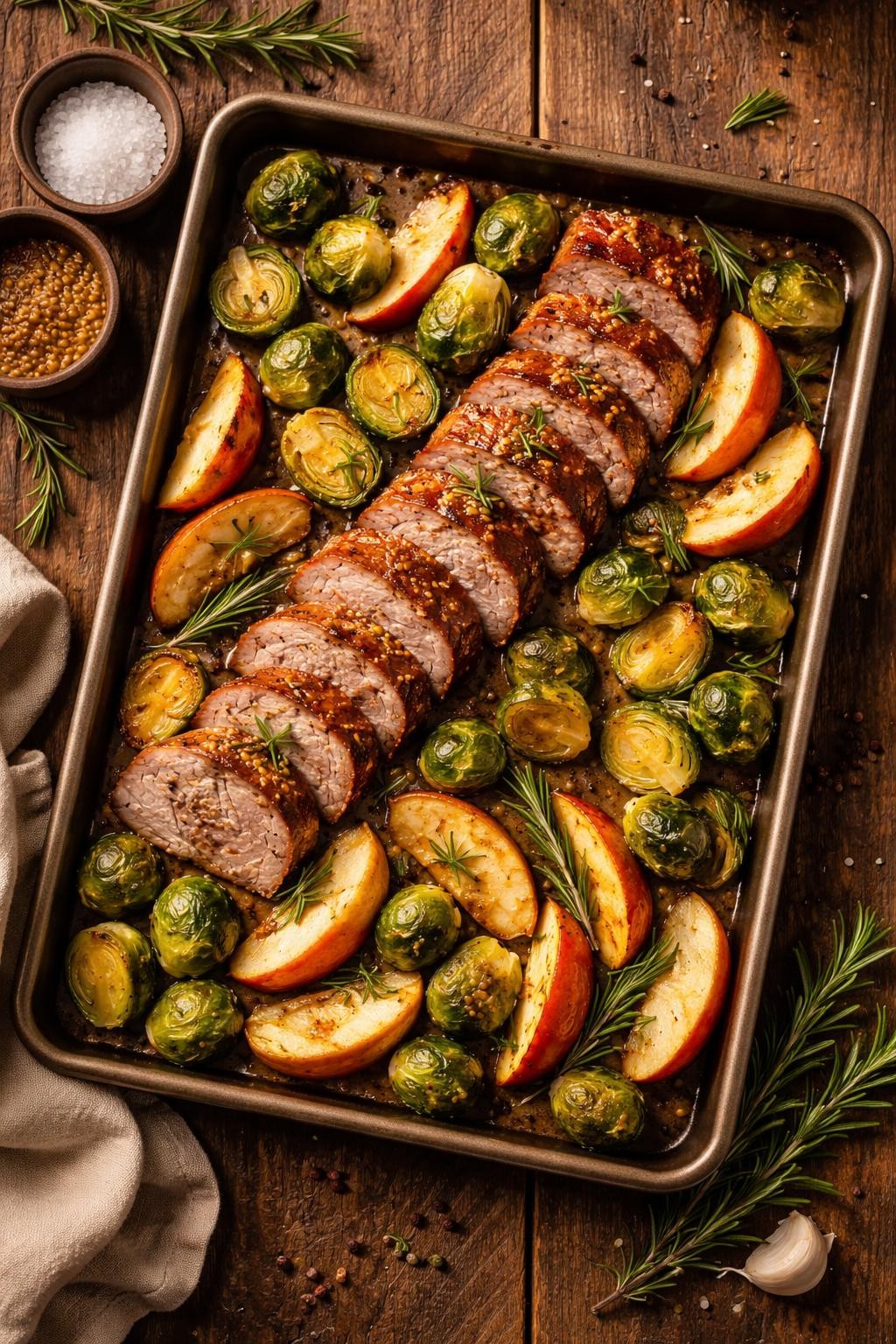 "Realistic top-down food photography of a sheet pan on a rustic wooden table. The pan holds sliced pork tenderloin, wedges of apple, and halved Brussels sprouts, all roasted with a honey mustard glaze. A sprinkle of fresh rosemary. Warm autumn light, sweet and savory one-pan dinner, no people, no hands, no text, no watermarks."