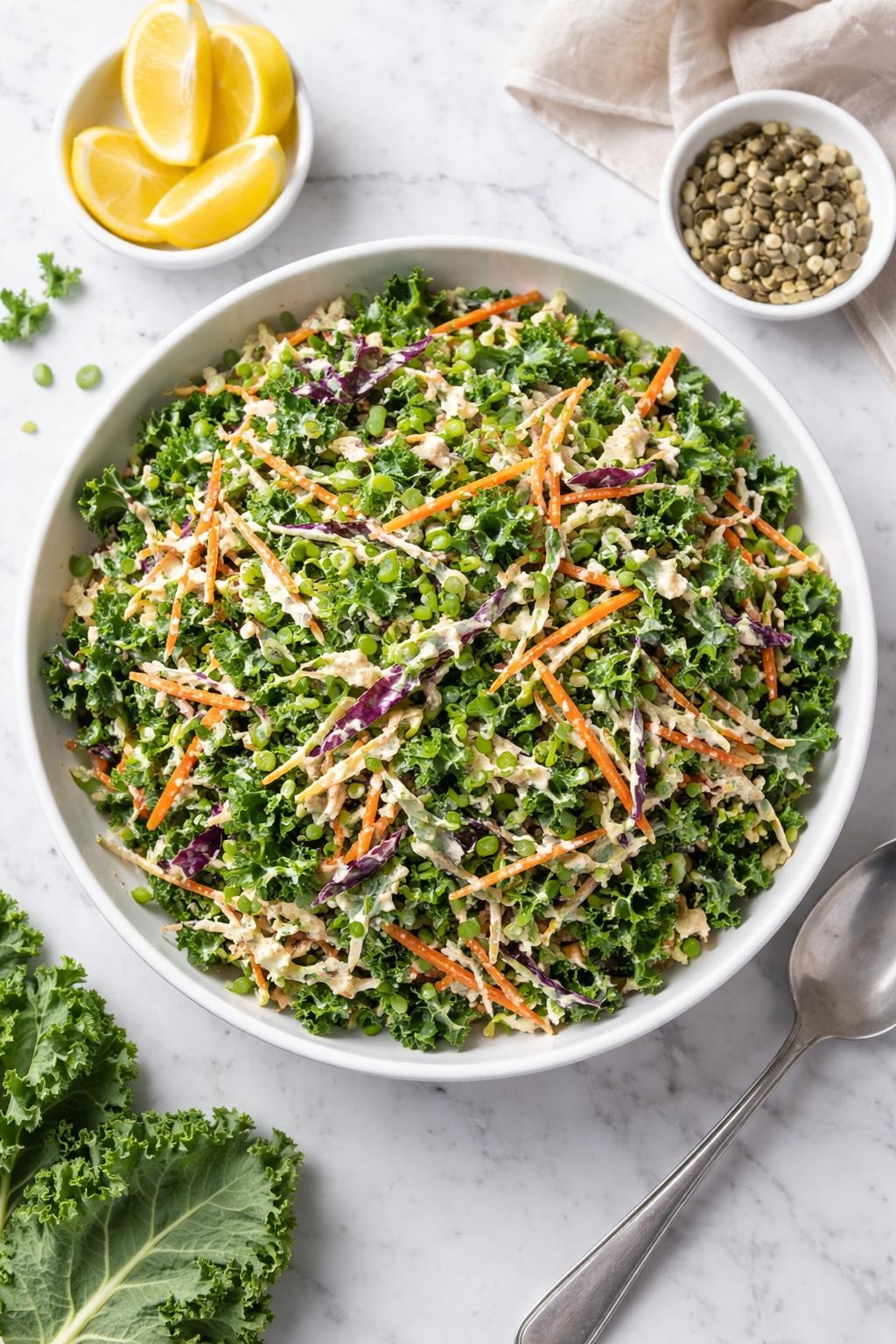 Image Prompt: Realistic top-down editorial food photography of a healthy kale and cabbage slaw salad in a wide white bowl on a clean marble countertop, chopped kale mixed with shredded cabbage, carrots, and light creamy dressing, crisp fresh side dish styling, bright natural daylight, no people, no hands, no text, no watermarks, no props with writing.