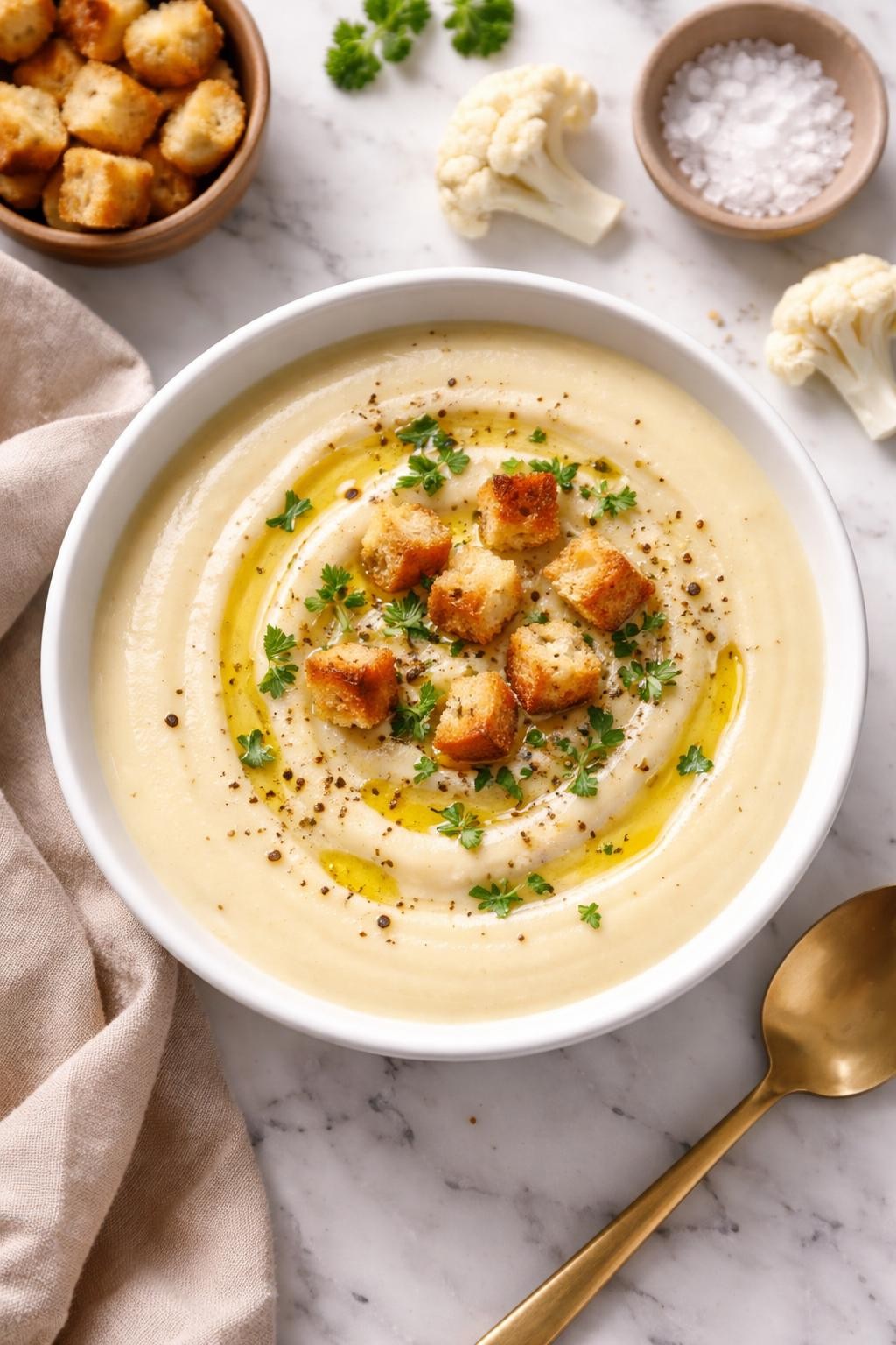 An overheard picture view of a plate of Silky Cauliflower Soup sitting on a marble countertop table in the kitchen, professional food photography style.