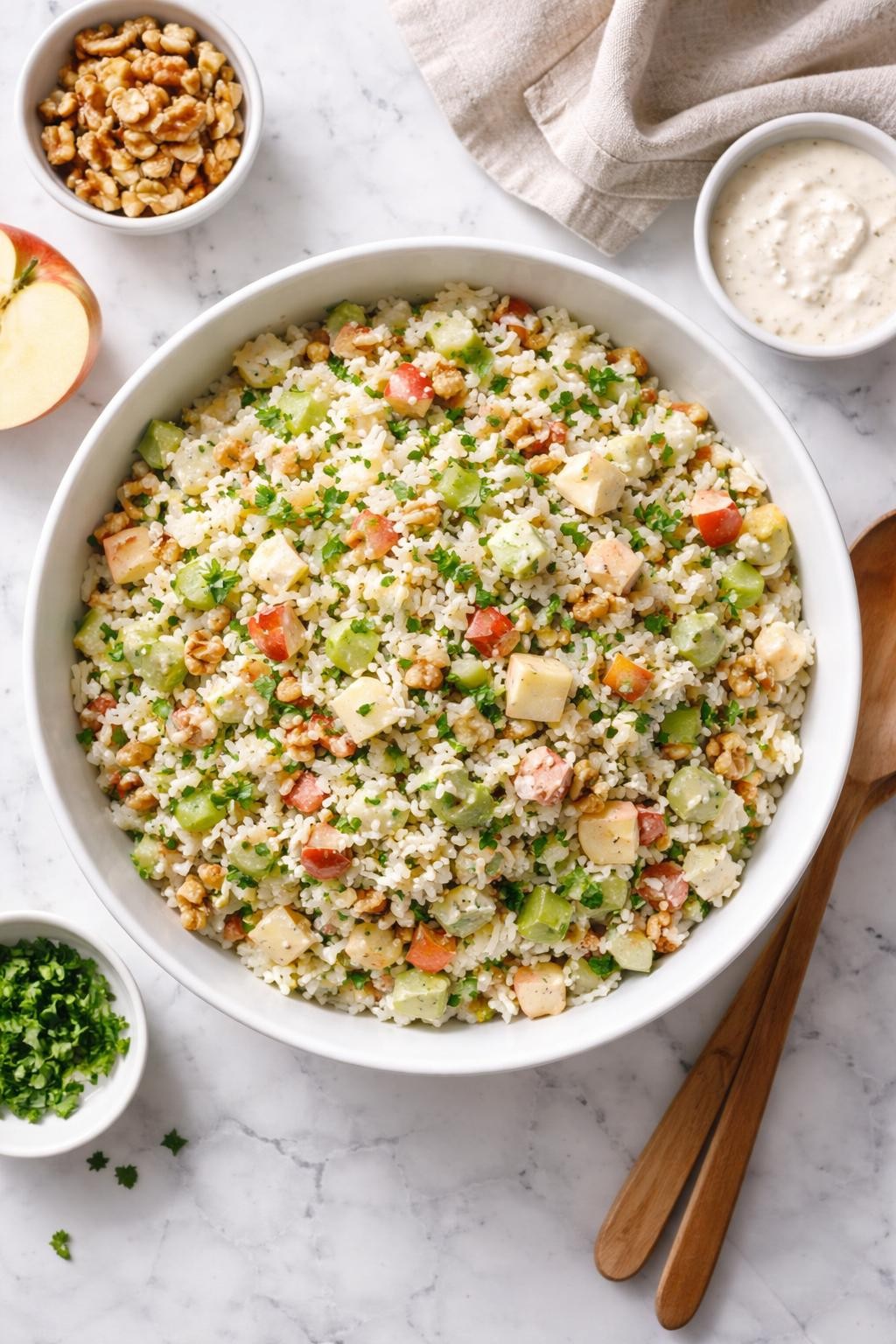 Image Prompt: Realistic top-down editorial food photography of a rice salad with apples and walnuts in a white serving bowl on a clean marble countertop, fluffy rice mixed with diced apples, chopped walnuts, celery, parsley, and a light creamy dressing, bright natural window lighting, soft shadows, clean composition, high detail, realistic food texture, no people, no hands, no text, no watermarks, no props with writing.