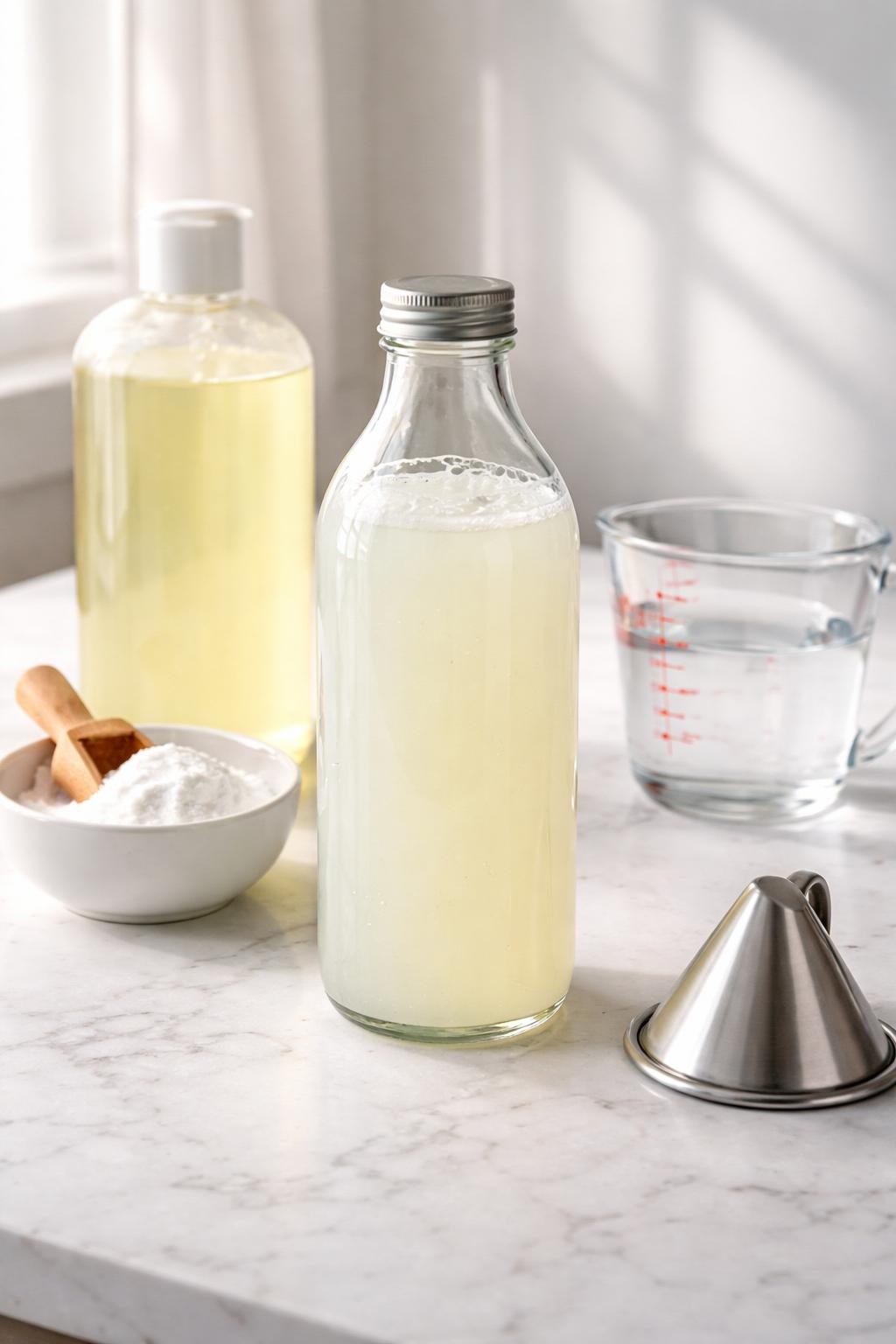 A realistic close-up photo of a clear glass bottle filled with homemade liquid laundry detergent on a clean white marble countertop table. A bottle of liquid castile soap, a bowl of washing soda, a measuring cup of water, and a funnel are placed neatly around the bottle. Bright natural light, crisp detail, realistic texture, clean minimal setup, strong focus on the liquid detergent bottle and ingredients, no people, no text, (no watermarks on images)