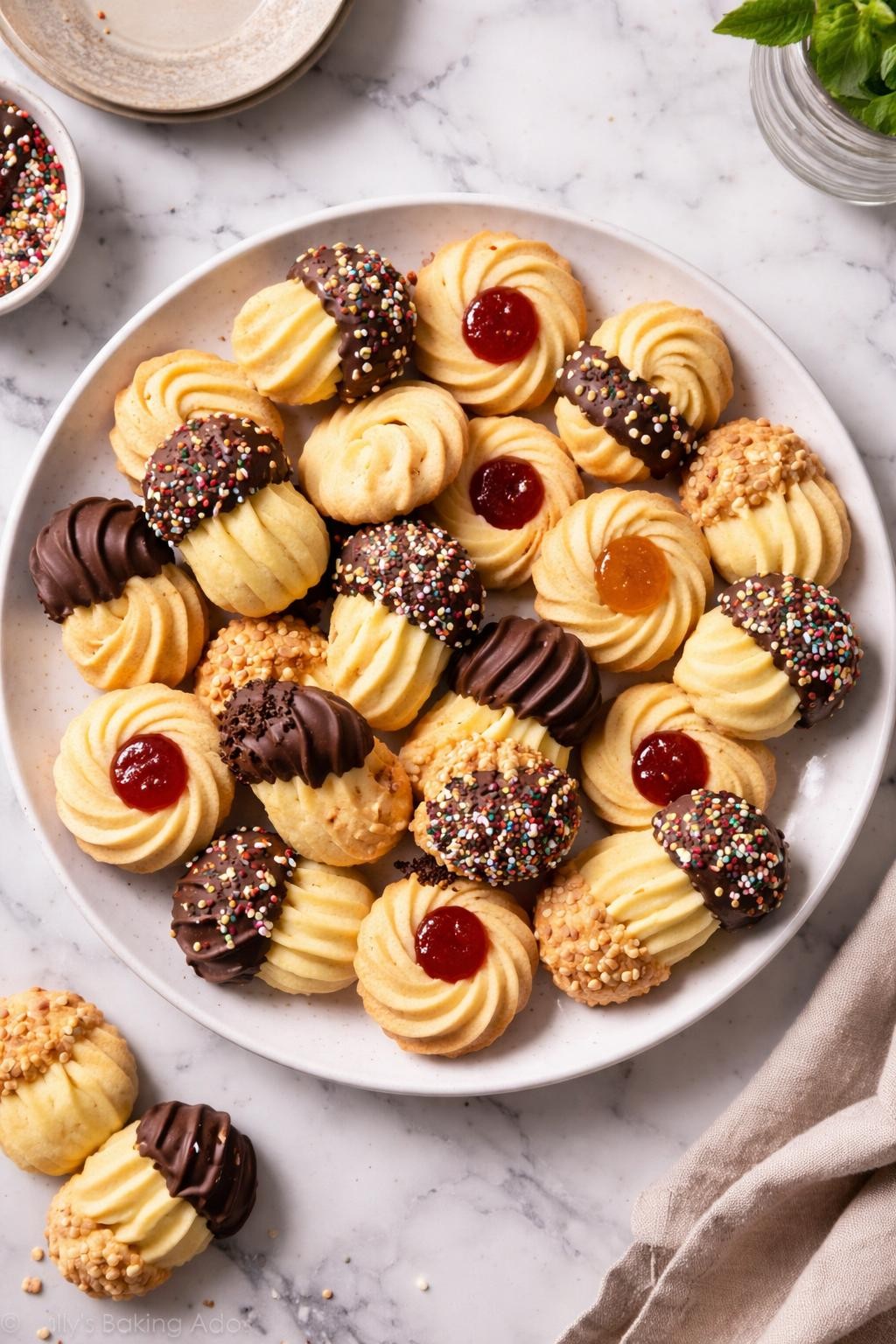 An overheard picture view of a plate of  Italian Butter Cookies  sitting on a marble countertop table in the kitchen, professional food photography style.
