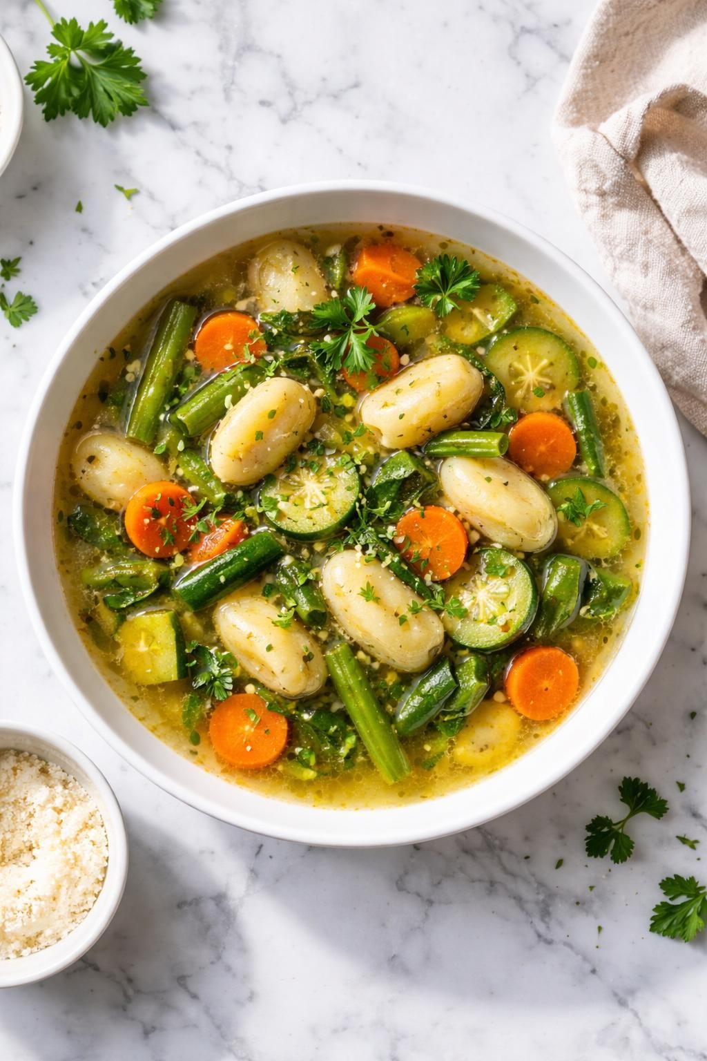Image Prompt: Realistic top-down editorial food photography of brothy vegetable gnocchi soup in a white bowl on a clean marble countertop, clear golden broth with soft gnocchi, carrots, celery, zucchini, green beans, and herbs, fresh cozy homemade styling, bright natural daylight, soft shadows, no people, no hands, no text, no watermarks, no props with writing.