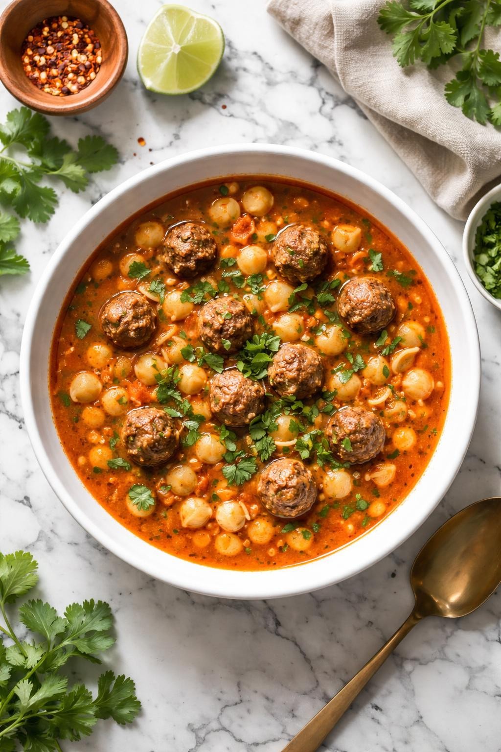Image Prompt: Realistic top-down editorial food photography of Mexican sopita with meatballs in a white bowl on a clean white and gray marble countertop, small pasta in tomato broth with tiny beef meatballs and cilantro garnish, warm natural light, cozy homemade dinner mood, no people, no hands, no text, no watermarks, no props with writing.