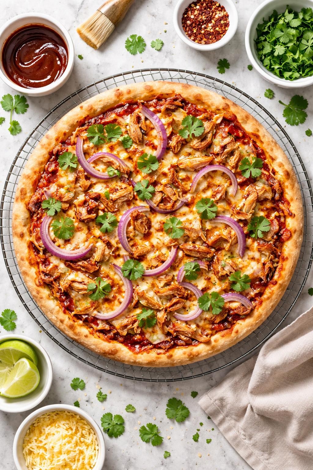 "Realistic top-down food photography of a round pizza on a wire cooling rack on a kitchen counter. The pizza has a thin crust, topped with BBQ sauce, shredded cooked chicken, red onion slices, and a blend of mozzarella and cheddar cheese. Fresh cilantro leaves scattered. Bright natural light, fast and fun homemade pizza night, no people, no hands, no text, no watermarks."