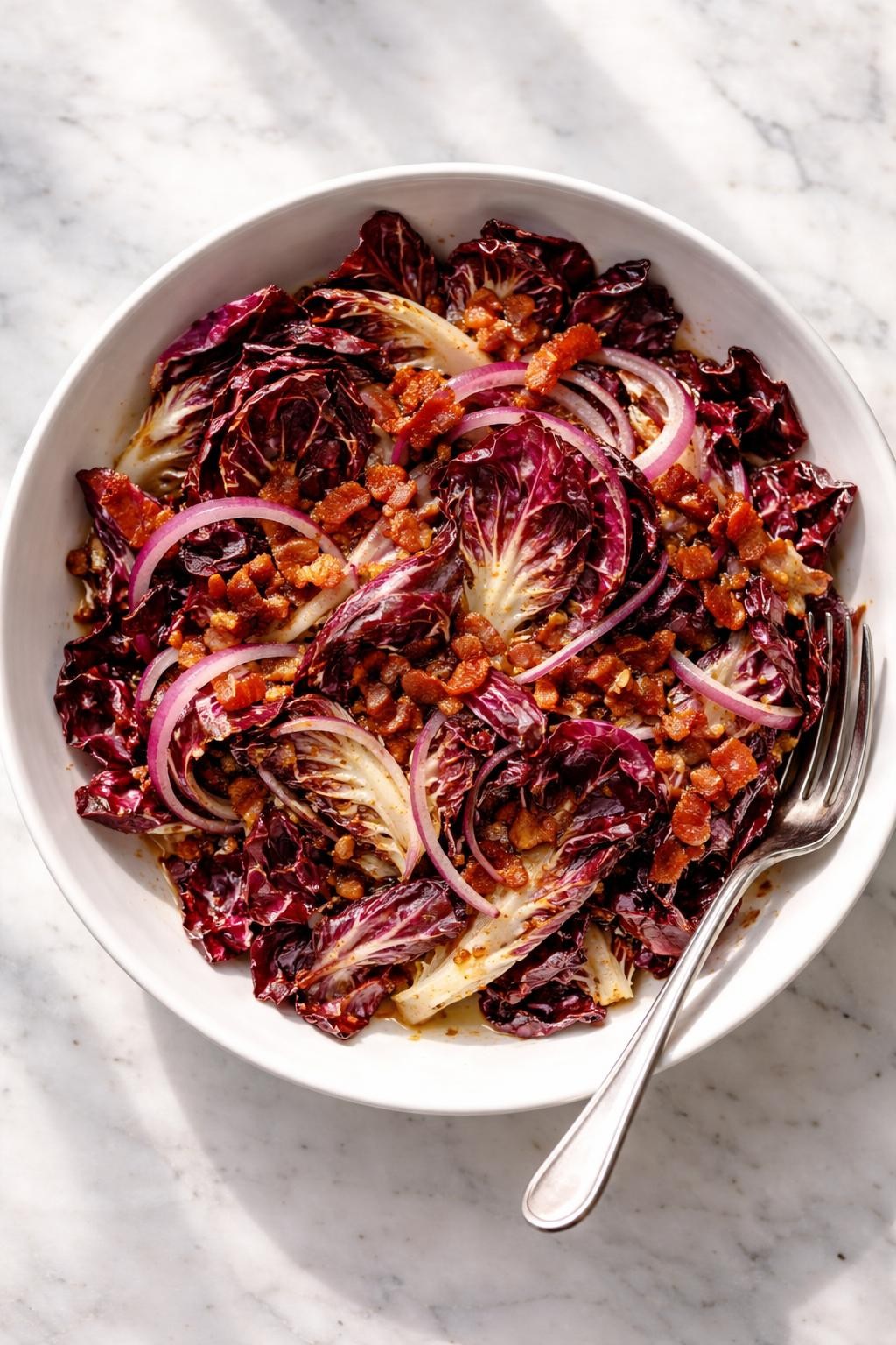 Image Prompt: Realistic top-down editorial food photography of a warm radicchio salad in a white serving bowl on a clean marble countertop, lightly wilted radicchio with crispy bacon pieces, sliced red onion, and warm bacon vinaigrette, bright natural daylight, soft shadows, cozy homemade salad mood, high detail, realistic food texture, no people, no hands, no text, no watermarks, no props with writing.