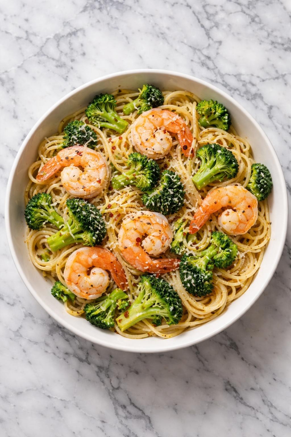 Image Prompt: Realistic top-down editorial food photography of Italian shrimp and broccoli pasta in a bowl on a clean white and gray marble countertop, pasta tossed with shrimp, tender broccoli, garlic, olive oil, parmesan, and black pepper, bright natural daylight, simple wholesome dinner mood, no people, no hands, no text, no watermarks, no props with writing.