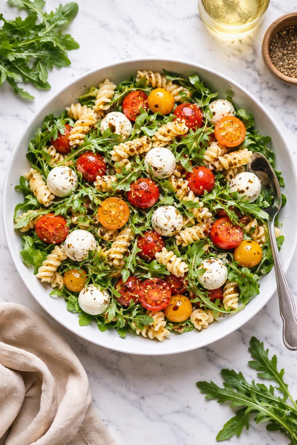 An overheard picture view of a plate of  Caprese Pasta Salad with Arugula  sitting on a marble countertop table in the kitchen, professional food photography style.
