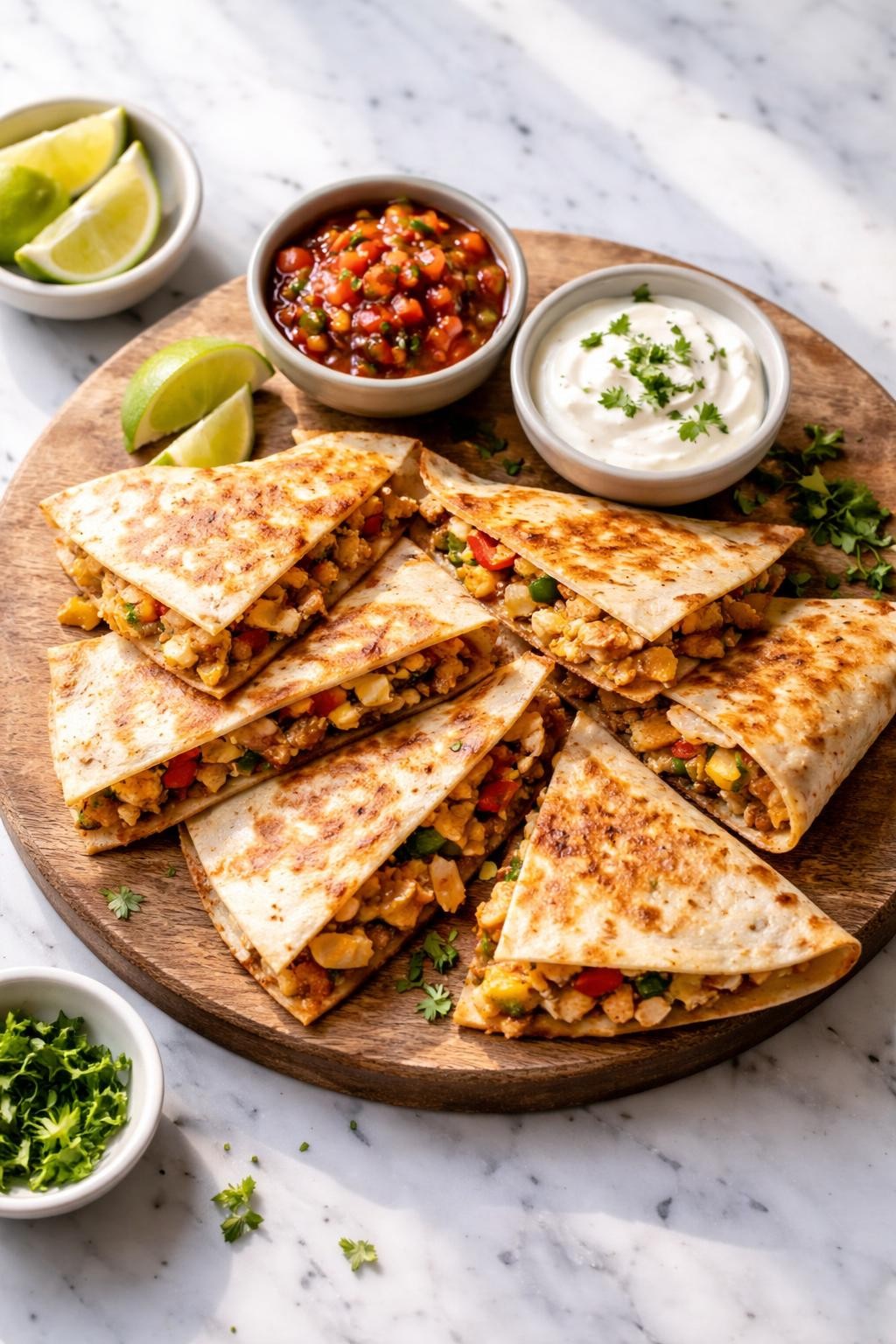 Image Prompt: Realistic top-down editorial food photography of golden Mexican chicken breast quesadillas on a white marble countertop, crispy folded tortillas stuffed with chopped seasoned chicken, melted cheese, and peppers, cut into wedges with salsa and sour cream nearby, bright natural daylight, cozy homemade snack and dinner mood, no people, no hands, no text, no watermarks, no props with writing.