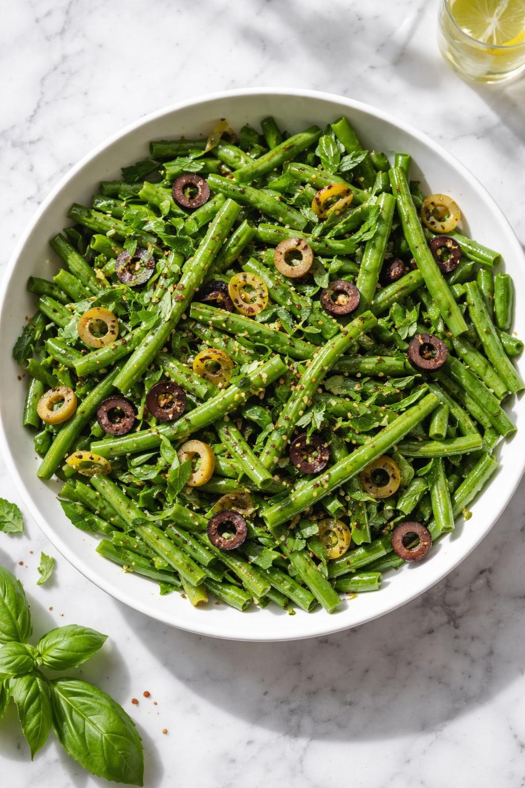 Image Prompt: Realistic top-down editorial food photography of a cold green bean salad with olives and herbs in a white serving bowl on a marble countertop, chilled green beans tossed with sliced olives, parsley, basil, and lemon olive oil dressing, bright natural daylight, soft shadows, clean editorial food styling, realistic textures, no people, no hands, no text, no watermarks, no props with writing.