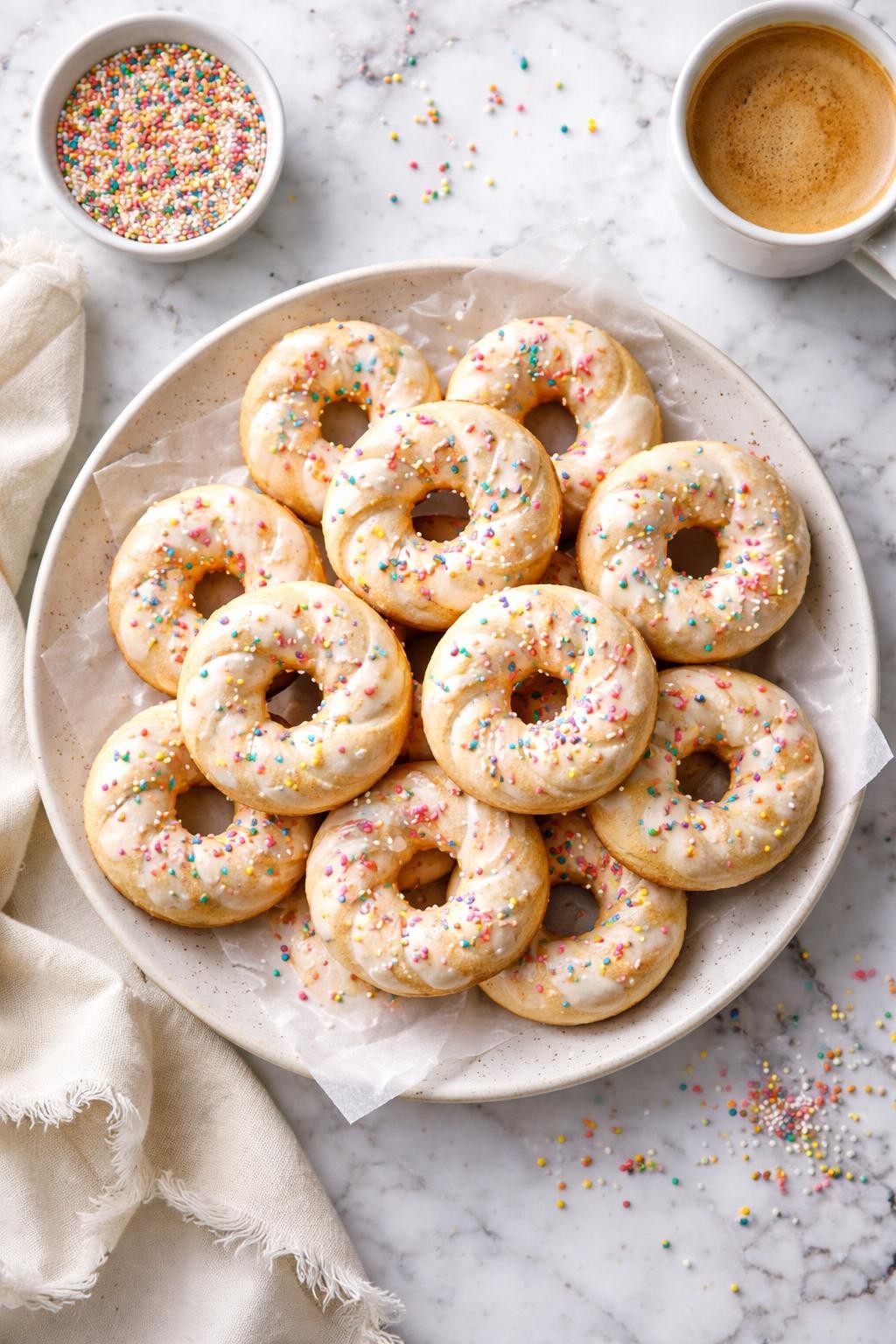 An overheard picture view of a plate of Taralli Dolci   sitting on a marble countertop table in the kitchen, professional food photography style.
