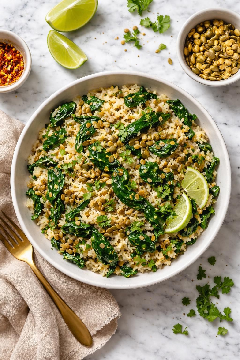 An overheard picture view of a plate of Spinach and Pepita Rice sitting on a marble countertop table in the kitchen, professional food photography style.