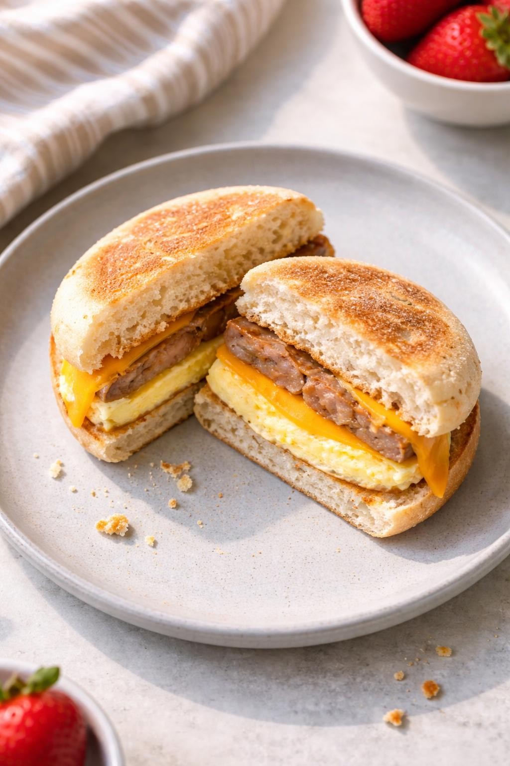 Photo prompt: Realistic top-down food photography of a toasted English muffin sandwich cut in half on a gray plate. Inside: a round scrambled egg patty, a slice of melted cheddar cheese, and a turkey sausage patty. A few loose crumbs nearby. Bright morning light, portable freezer breakfast mood. No people, no hands, no text, no watermarks, no props with writing.
