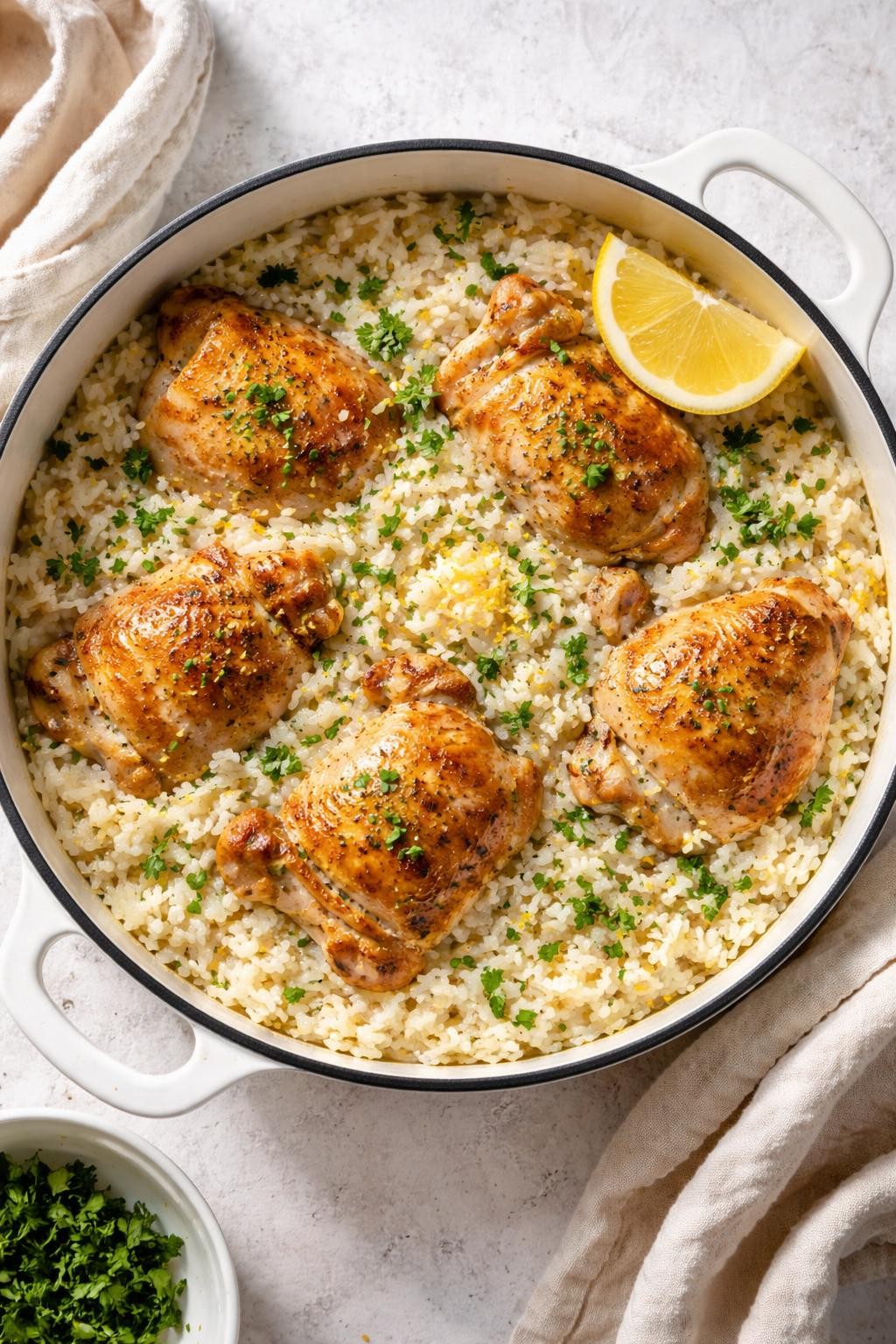 Prompt: Realistic top-down editorial food photography of a shallow white pot filled with lemon chicken and rice, showing tender chicken thighs nestled into a bed of creamy rice with flecks of lemon zest and fresh parsley. A lemon wedge rests on the edge of the pot. Soft natural light, cozy and comforting one-pot dinner, no people, no hands, no text, no watermarks, no props with writing.