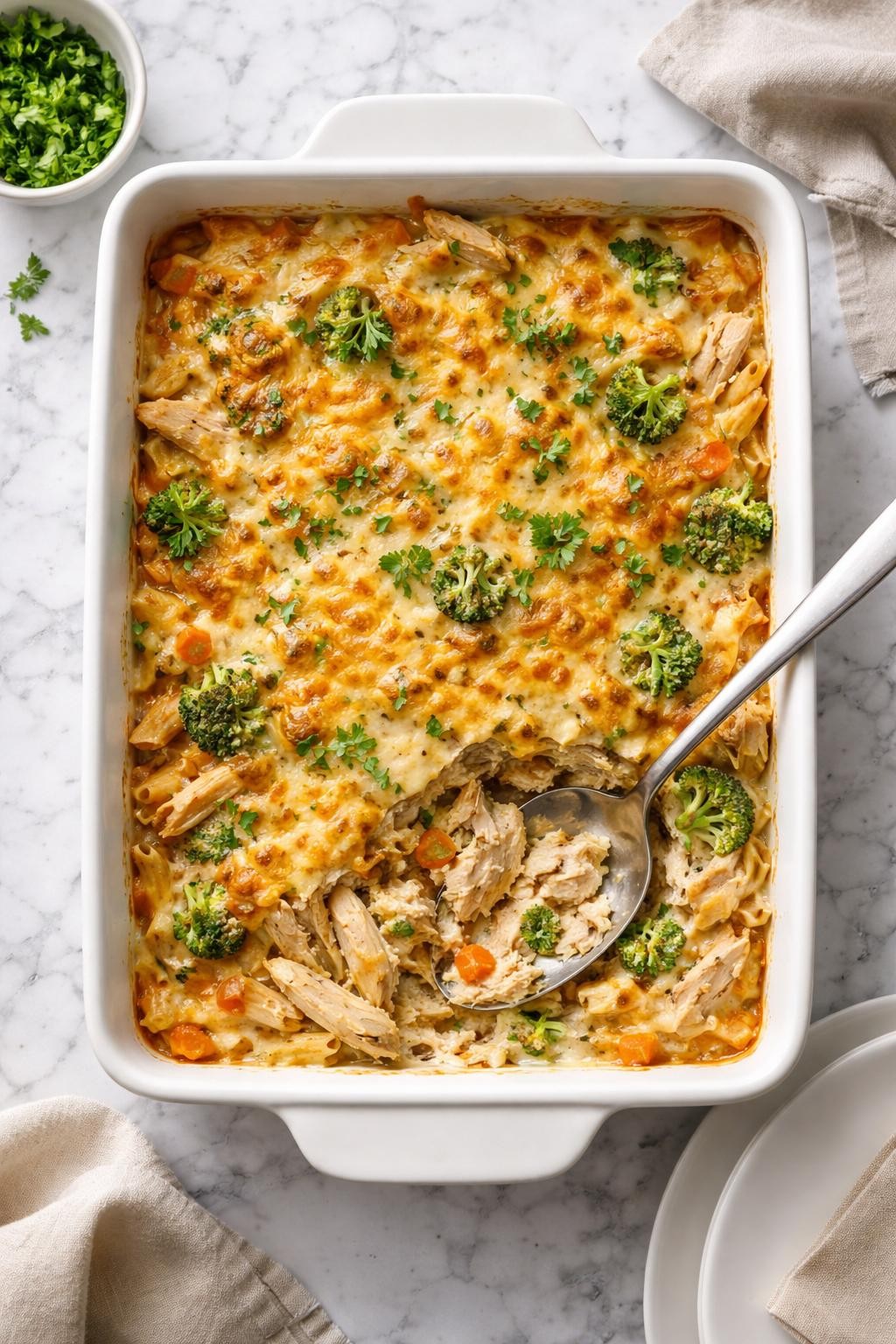 Prompt: Top-down realistic editorial food photography of a rotisserie chicken casserole in a white ceramic baking dish on a clean white and gray marble countertop, creamy casserole filled with shredded rotisserie chicken, pasta, vegetables, and melted golden cheese on top, a portion scooped out to show the rich tender inside, cozy homemade dinner mood, bright natural window lighting, soft shadows, clean composition, high detail, realistic food texture, no people, no hands, no text, no watermarks, no props with writing.