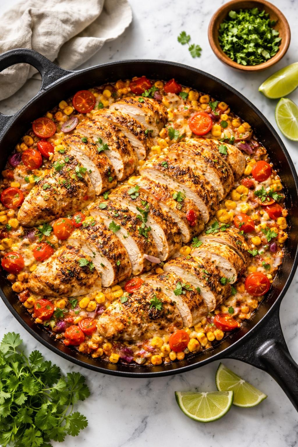 Image Prompt: Realistic top-down editorial food photography of Mexican chicken breast corn skillet on a white marble countertop, sliced chicken breast cooked with sweet corn, peppers, onions, tomatoes, and melted cheese in a cast iron pan, fresh cilantro and lime wedges nearby, bright natural daylight, easy homemade dinner mood, no people, no hands, no text, no watermarks, no props with writing.