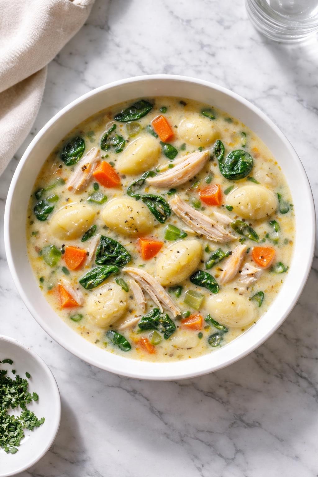 Image Prompt: Realistic top-down editorial food photography of creamy chicken gnocchi soup in a simple white bowl on a clean white and gray marble countertop, creamy light golden soup filled with soft potato gnocchi, shredded chicken, chopped spinach, carrots, and celery, warm cozy homemade dinner mood, bright natural window lighting, soft shadows, clean composition, high detail, realistic food texture, no people, no hands, no text, no watermarks, no props with writing.