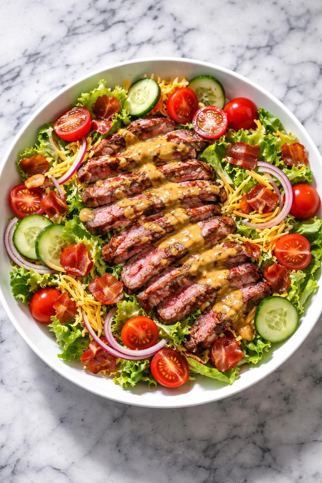 Image Prompt: Realistic top-down editorial food photography of a steak salad with bacon and honey mustard dressing in a white bowl on a gray and white marble countertop, sliced steak over romaine with crispy bacon, cherry tomatoes, cucumber, red onion, and shredded cheese, glossy honey mustard dressing drizzled across the top, bright natural daylight, soft shadows, clean homemade dinner styling, realistic food texture, high detail, no people, no hands, no text, no watermarks, no props with writing.