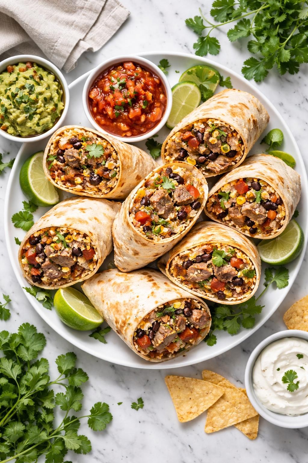 An overheard picture view of a plate of Steak Burritos sitting on a marble countertop table in the kitchen, professional food photography style.
