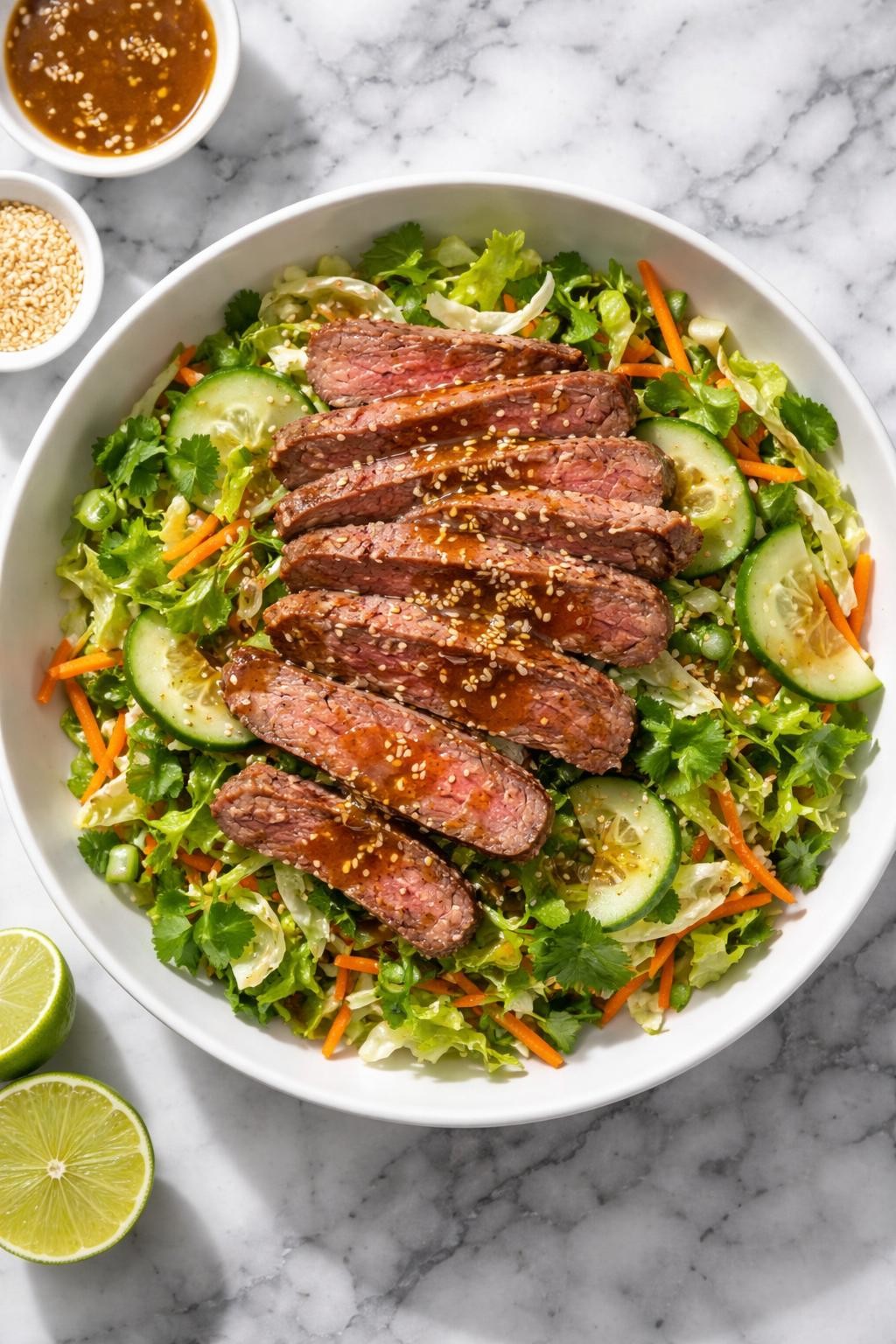 Image Prompt: Realistic top-down editorial food photography of an Asian-inspired steak salad in a wide white bowl on a gray and white marble countertop, thin slices of seared steak over shredded cabbage, romaine, carrots, cucumber, scallions, and cilantro, sesame seeds sprinkled over the top, glossy sesame ginger dressing pooled lightly across the salad, bright natural lighting, soft shadows, clean composition, high detail, realistic food texture, no people, no hands, no text, no watermarks, no props with writing.