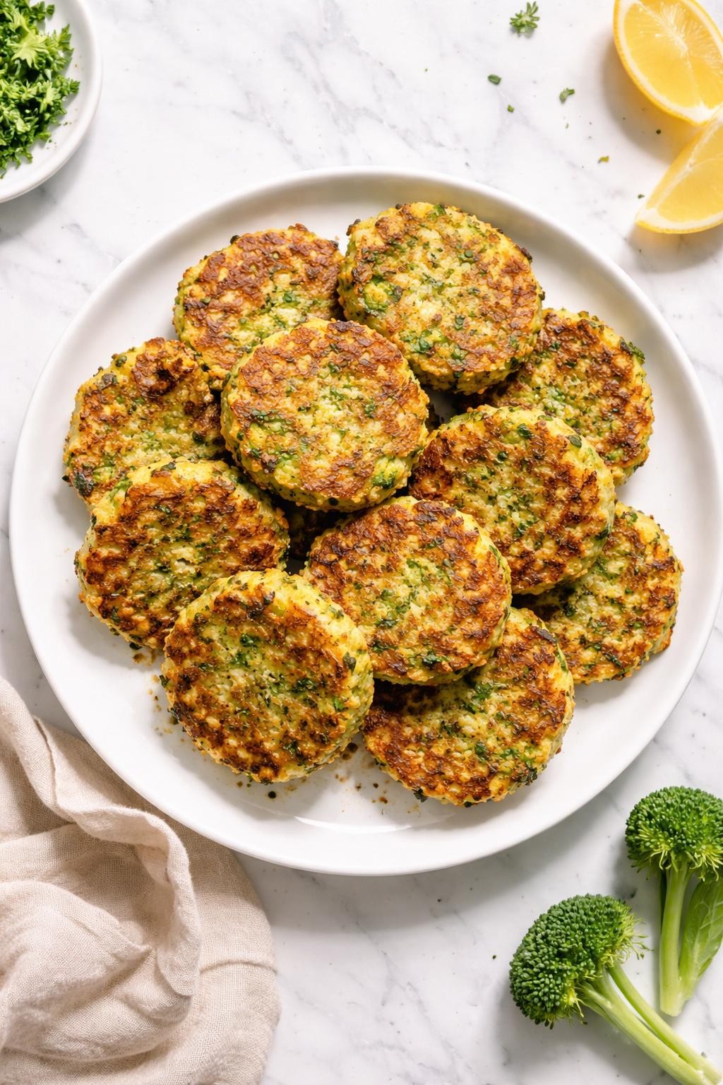 Image Prompt: Realistic top-down editorial food photography of vegan broccoli fritters on a white plate over a clean marble countertop, golden pan-fried broccoli patties with crisp edges and tender centers, simple homemade snack or lunch styling, bright natural daylight, no people, no hands, no text, no watermarks, no props with writing.