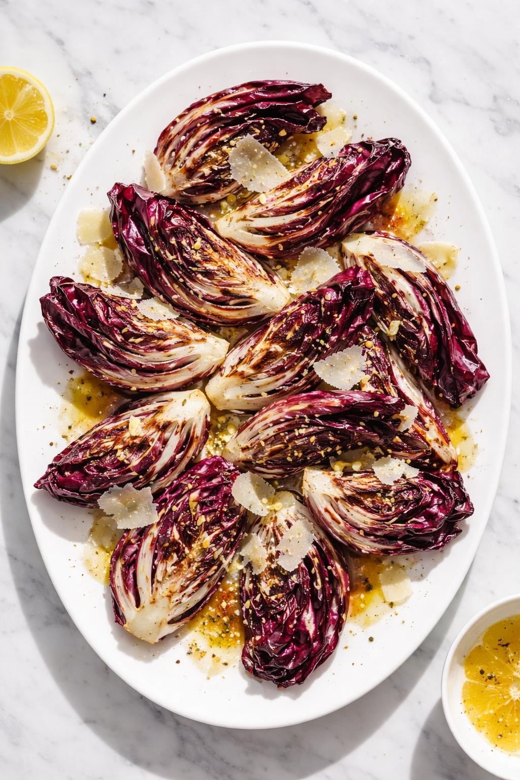 Image Prompt: Realistic top-down editorial food photography of a grilled radicchio salad on a white serving platter on a clean marble countertop, charred radicchio wedges with shaved parmesan, lemon dressing, and black pepper, bright natural daylight, soft shadows, clean editorial food styling, high detail, realistic textures, no people, no hands, no text, no watermarks, no props with writing.