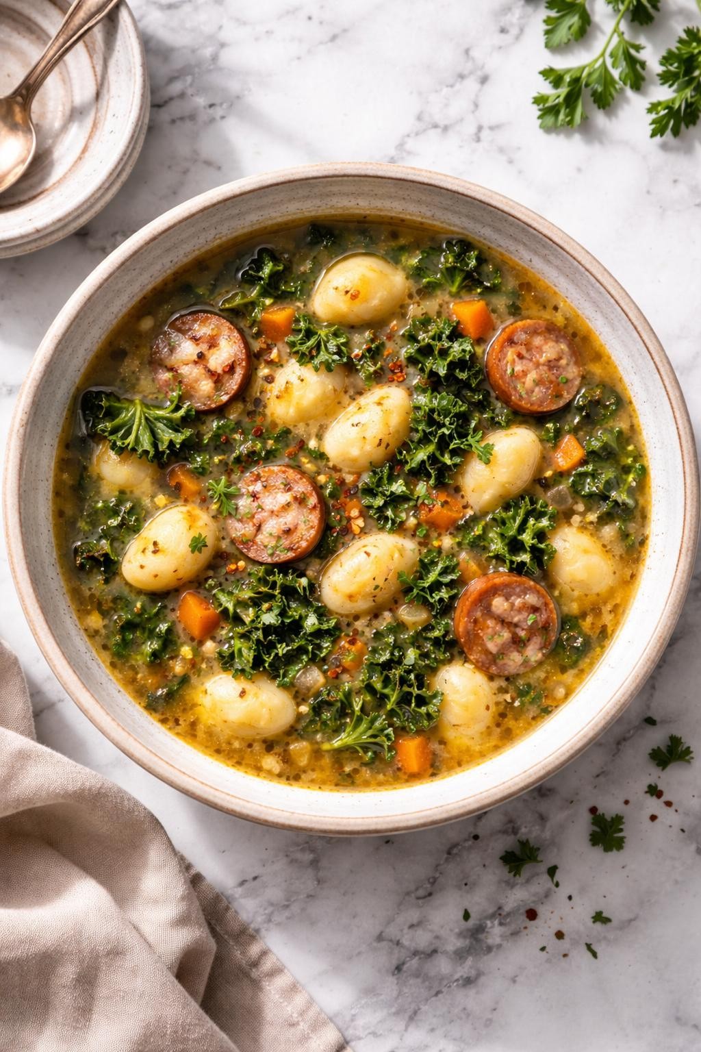 Image Prompt: Realistic top-down editorial food photography of gnocchi kale soup in a rustic bowl on a white and gray marble countertop, savory broth with soft gnocchi, chopped kale, sausage slices, and herbs, cozy homemade dinner styling, bright natural light, soft shadows, no people, no hands, no text, no watermarks, no props with writing.