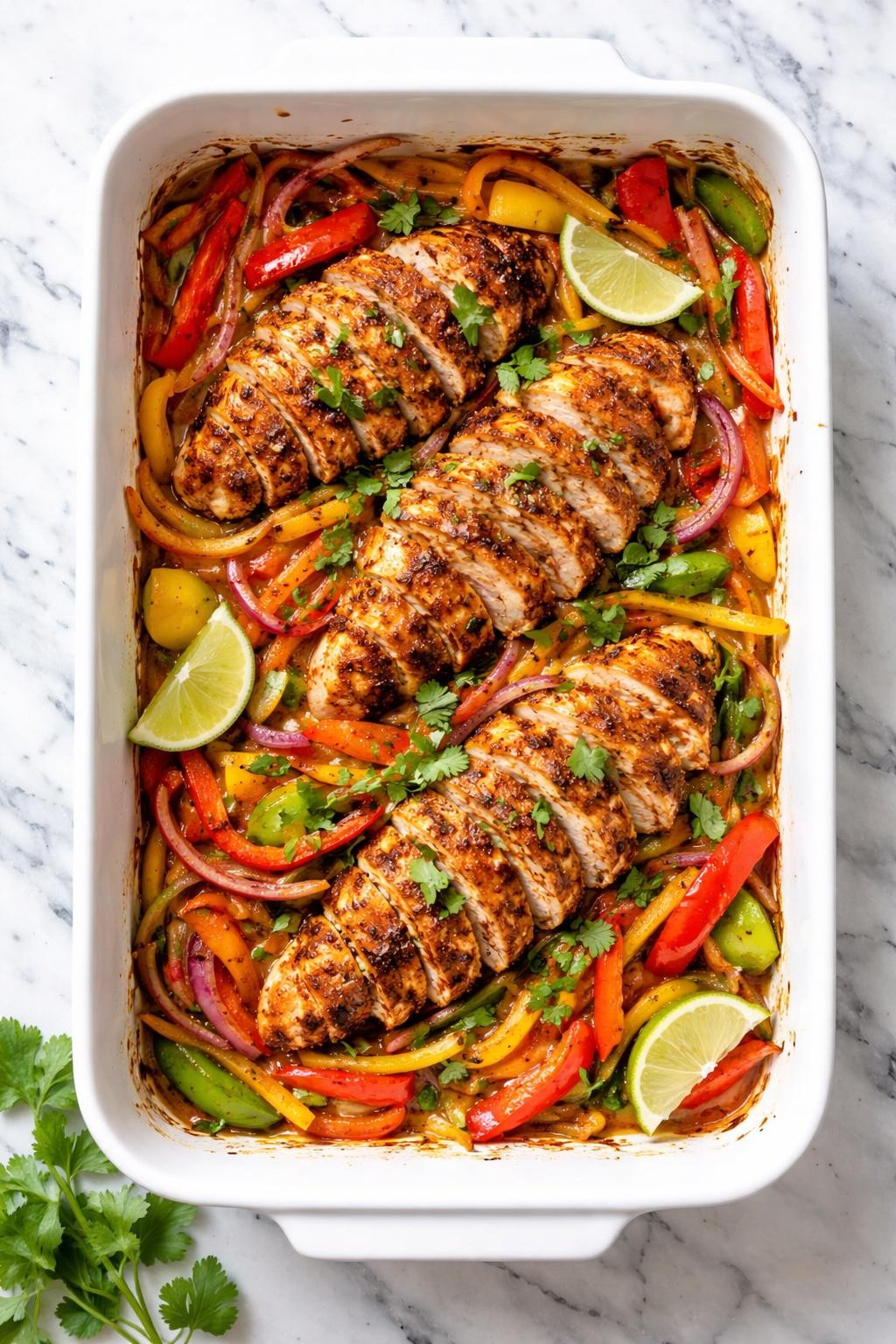 Image Prompt: Realistic top-down editorial food photography of Mexican chicken breast fajita bake on a white and gray marble countertop, baked sliced chicken breast with colorful bell peppers and onions, seasoned with chili powder, cumin, and lime, fresh cilantro on top, bright natural daylight, simple homemade dinner mood, no people, no hands, no text, no watermarks, no props with writing.
