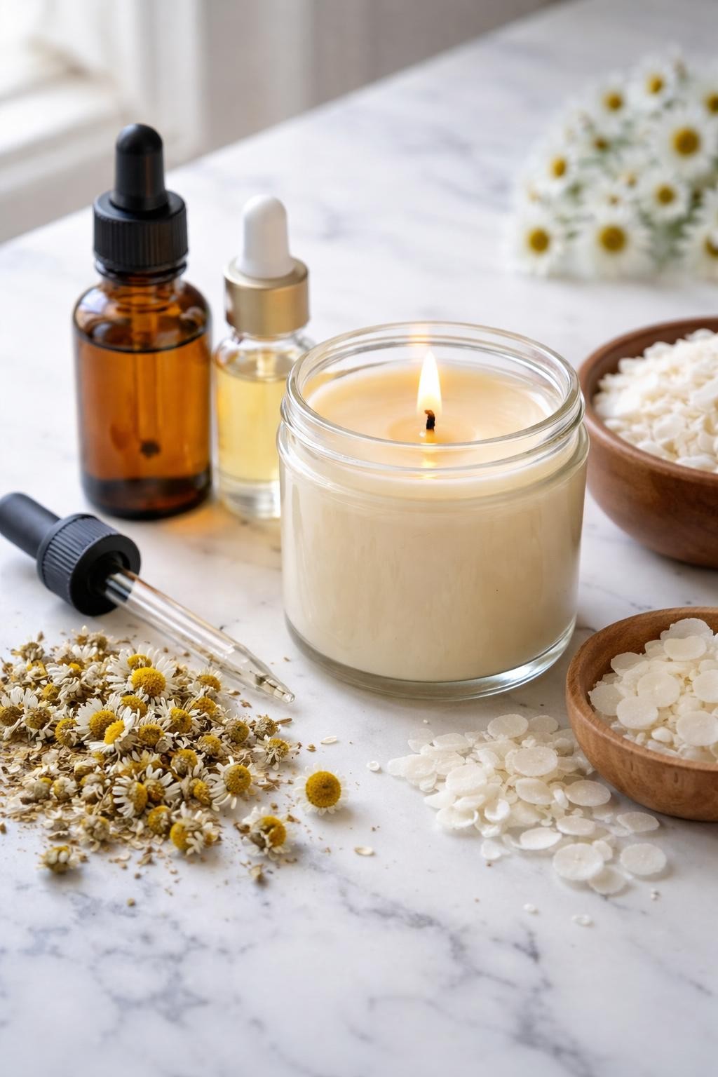 A realistic close-up photo of a homemade candle scent setup for chamomile honey on a clean white marble countertop table. A glass candle jar with creamy wax and a centered wick sits beside small bottles of chamomile essential oil and honey fragrance oil. Dried chamomile flowers, soy wax flakes, and a small dropper are arranged neatly around the candle. Bright natural light, crisp detail, realistic texture, clean minimal setup, strong focus on the candle and soft floral ingredients, no people, no text, (no watermarks on images)