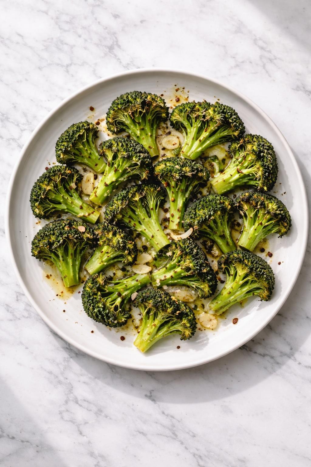 Image Prompt: Realistic top-down editorial food photography of roasted broccoli on a white ceramic plate over a clean white and gray marble countertop, broccoli florets roasted until crisp at the edges with visible garlic and light olive oil glaze, simple homemade side dish mood, bright natural window lighting, soft shadows, clean composition, high detail, realistic food texture, no people, no hands, no text, no watermarks, no props with writing.