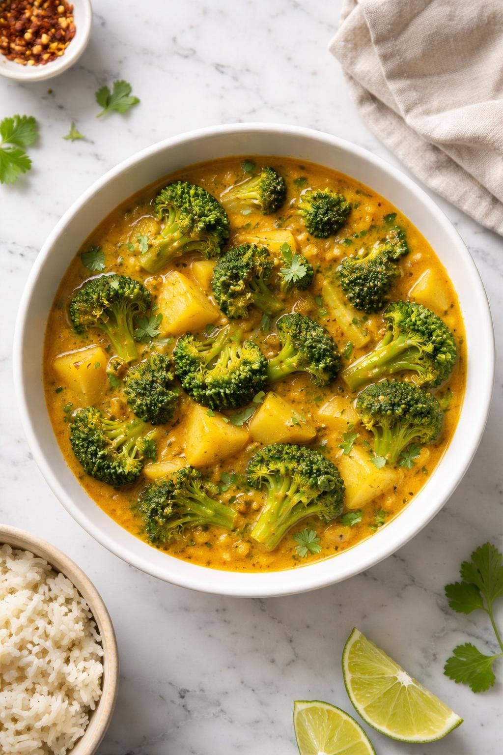 Image Prompt: Realistic top-down editorial food photography of a vegan broccoli potato curry in a white bowl on a clean marble countertop, broccoli and potato pieces in a rich golden curry sauce, cozy homemade dinner styling, bright natural window light, no people, no hands, no text, no watermarks, no props with writing.