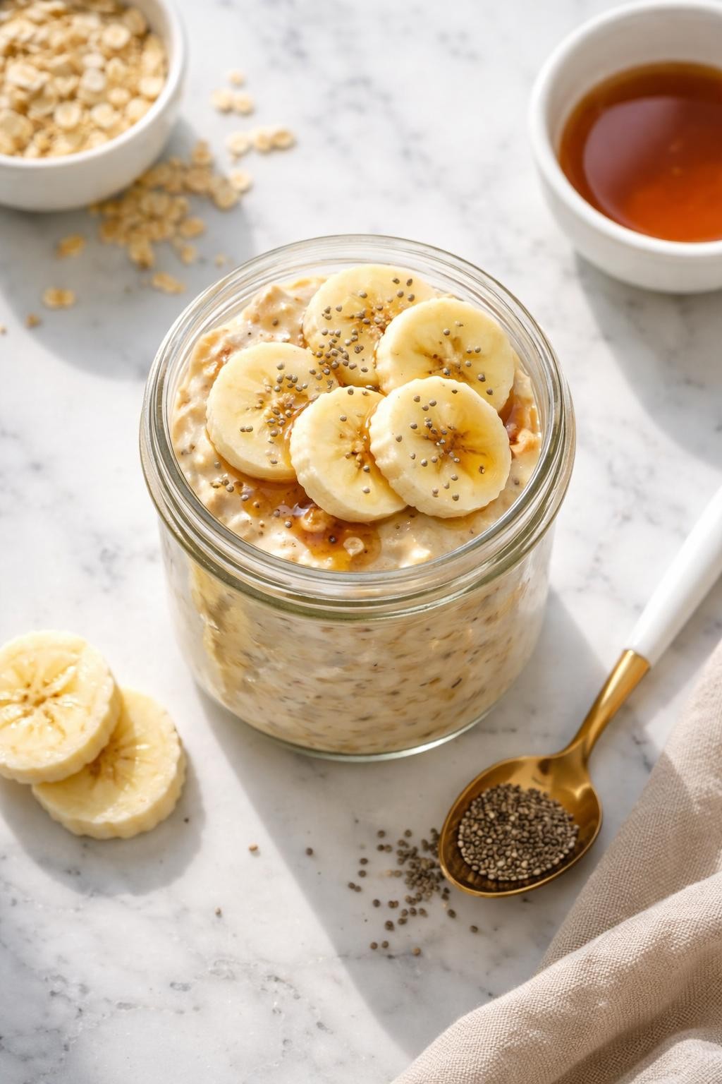 Image Prompt: Realistic top-down editorial food photography of vegan banana overnight oats in a glass jar on a white marble countertop, creamy oats topped with banana slices, chia seeds, and a drizzle of maple syrup, bright natural light, clean breakfast styling, no people, no hands, no text, no watermarks, no props with writing.