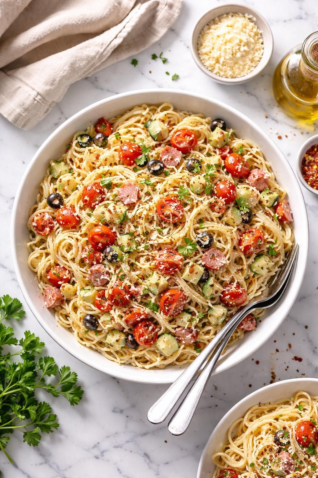 An overheard picture view of a plate of  Creamy Italian Spaghetti Salad  sitting on a marble countertop table in the kitchen, professional food photography style.
