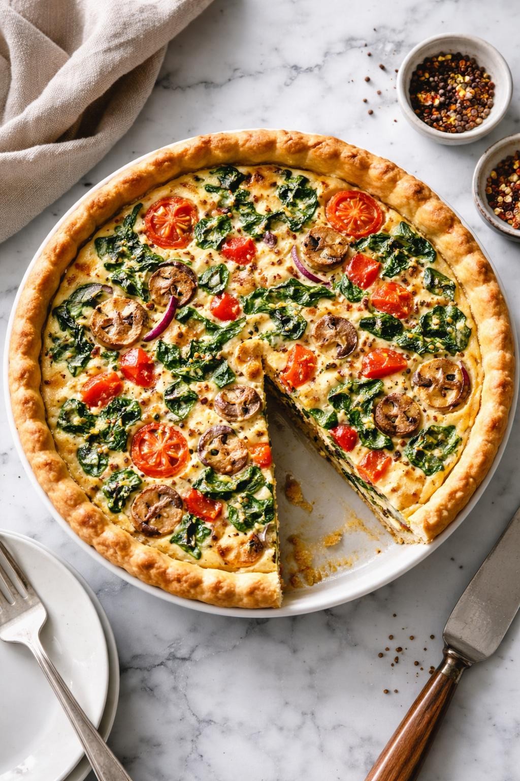 Image Prompt: Top-down realistic editorial food photography of a homemade vegan mixed vegetable quiche on a clean white and gray marble countertop, golden pie crust filled with creamy tofu quiche filling and colorful mixed vegetables like spinach, peppers, onions, and mushrooms, one slice removed to show the hearty brunch interior, warm homemade mood, bright natural window light, soft shadows, high detail, no people, no hands, no text, no watermarks, no props with writing.