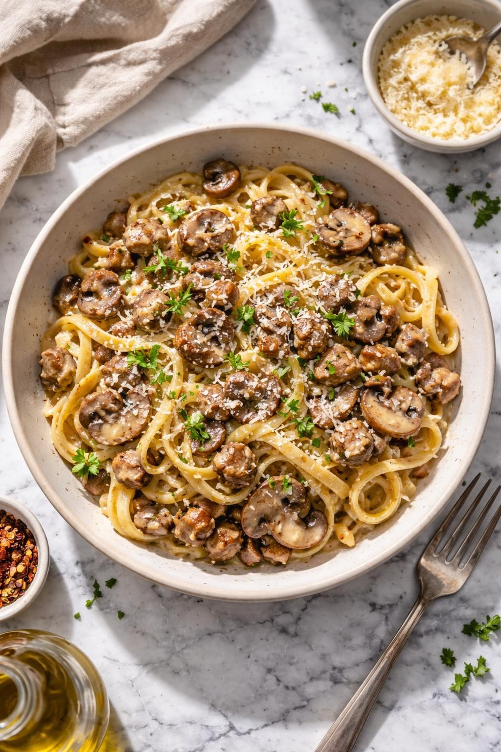 Image Prompt: Realistic top-down editorial food photography of sweet Italian sausage and mushroom cream pasta in a shallow bowl on a clean white and gray marble countertop, pasta tossed with browned sweet Italian sausage, sautéed mushrooms, light cream sauce, parmesan, and parsley, bright natural light, soft shadows, cozy dinner styling, high detail, realistic food texture, no people, no hands, no text, no watermarks, no props with writing.
