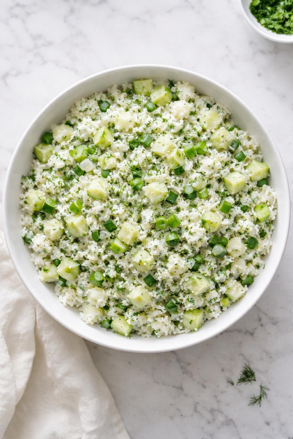 Image Prompt: Realistic top-down editorial food photography of a rice salad with cucumber and yogurt dressing in a white bowl on a clean marble countertop, fluffy rice mixed with diced cucumber, chopped dill, green onion, and creamy yogurt dressing, bright natural daylight, soft shadows, clean homemade food styling, realistic food texture, high detail, no people, no hands, no text, no watermarks, no props with writing.
