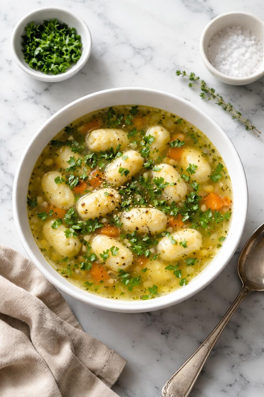 Image Prompt: Realistic top-down editorial food photography of simple herb gnocchi soup in a simple white bowl on a clean white and gray marble countertop, clear golden broth with soft gnocchi, fresh parsley, thyme, and black pepper, cozy homemade styling, bright natural window light, soft shadows, no people, no hands, no text, no watermarks, no props with writing.