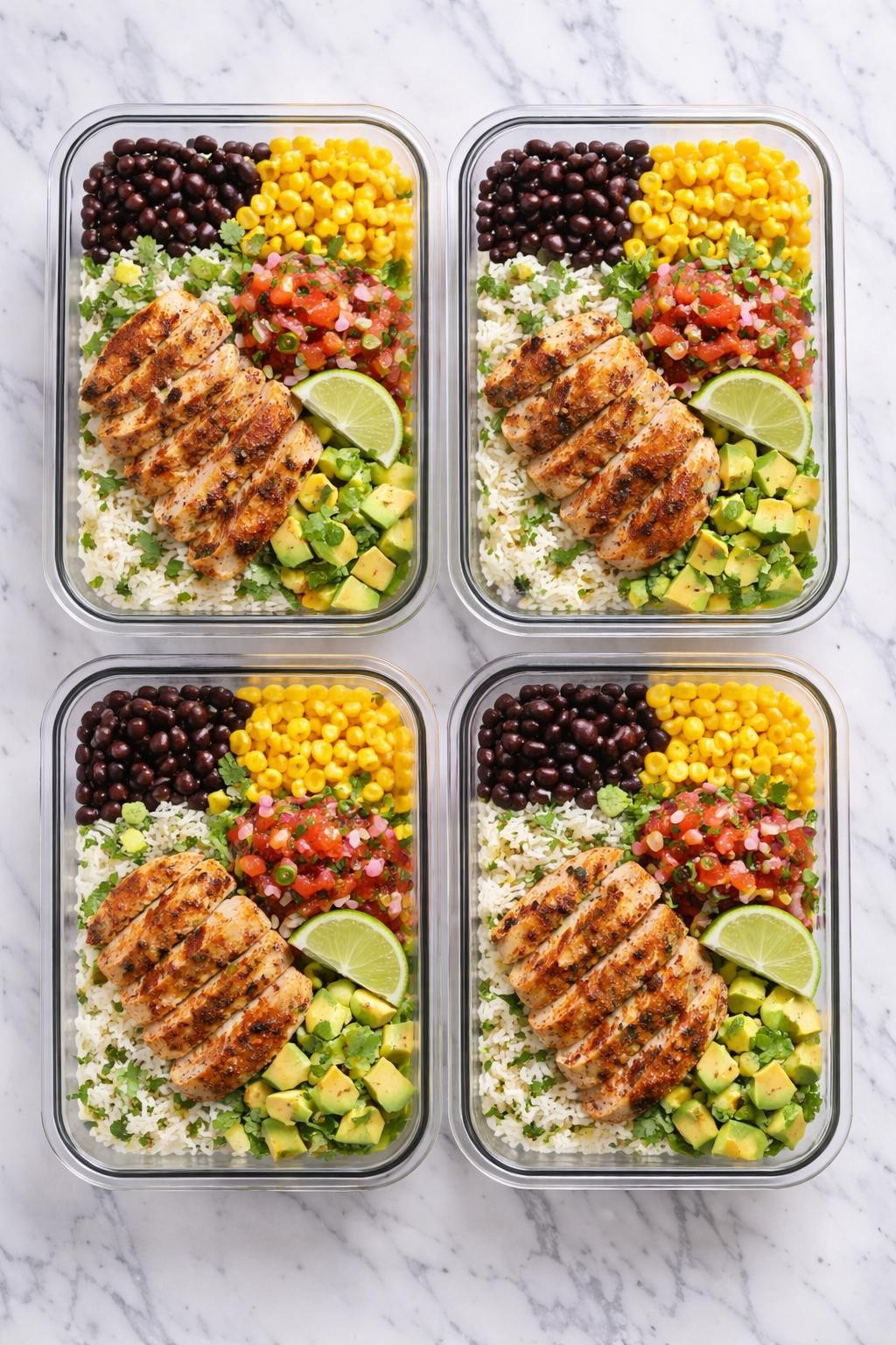 Image Prompt: Realistic top-down editorial food photography of Mexican chicken breast meal prep bowls lined up on a clean white and gray marble countertop, neat containers filled with sliced seasoned chicken breast, rice, black beans, corn, avocado, and salsa, bright natural daylight, organized homemade lunch prep mood, high detail, no people, no hands, no text, no watermarks, no props with writing.