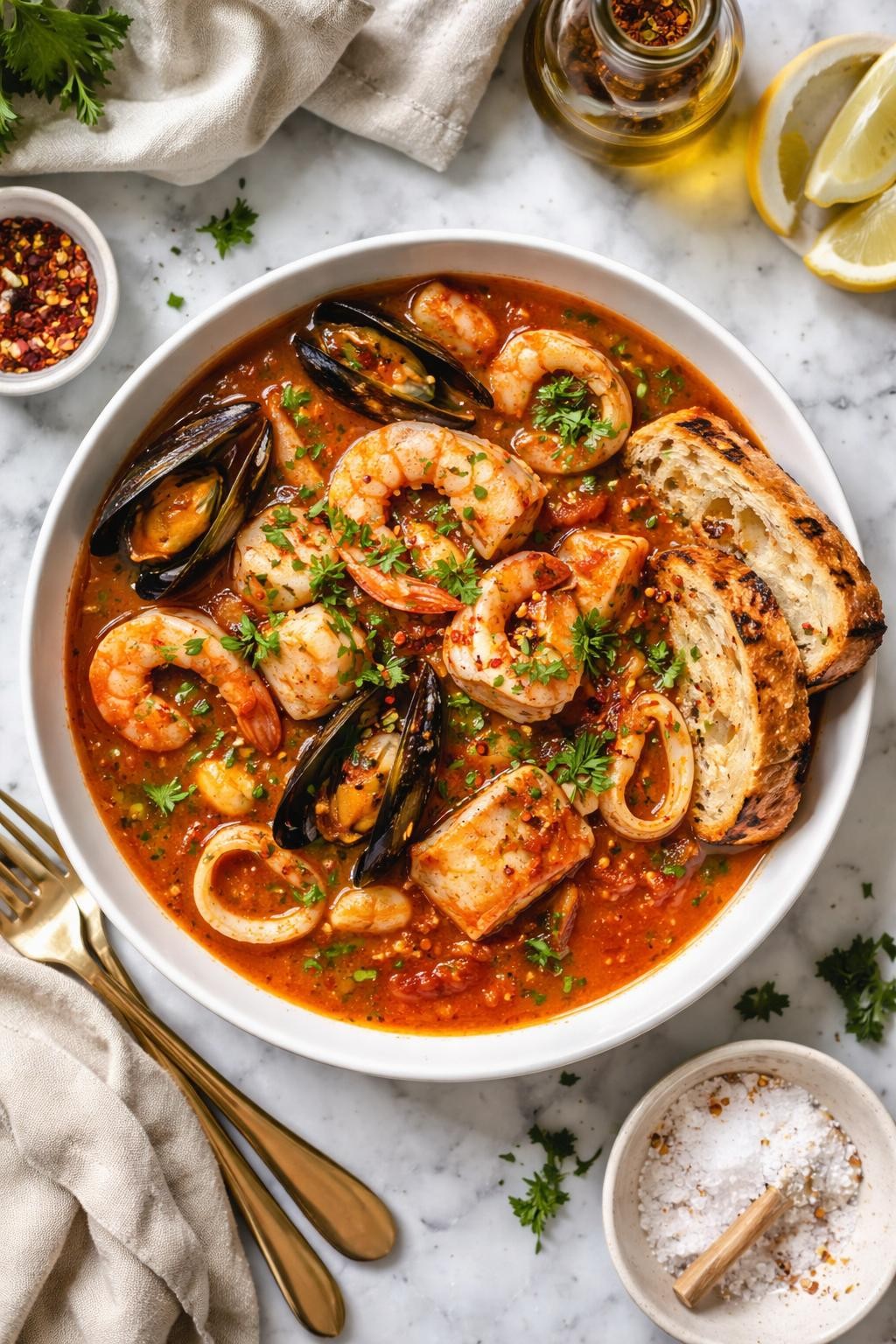 An overheard picture view of a plate of Tuscan Fish Stew (Cacciucco) sitting on a marble countertop table in the kitchen, professional food photography style.