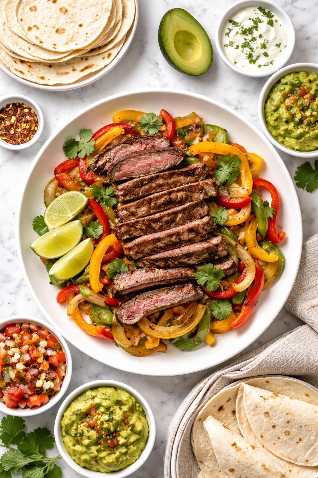 An overheard picture view of a plate of Steak Fajitas   sitting on a marble countertop table in the kitchen, professional food photography style.
