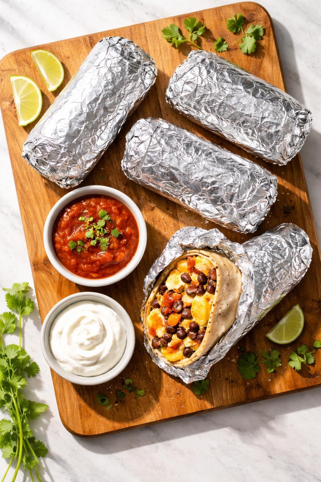 "Realistic top-down food photography of four foil-wrapped breakfast burritos on a wooden cutting board. One burrito is unwrapped, showing a filling of scrambled eggs, cheese, black beans, and salsa. A small bowl of salsa and sour cream for dipping. Bright morning light, freezer prep for crazy weekday mornings, no people, no hands, no text, no watermarks."