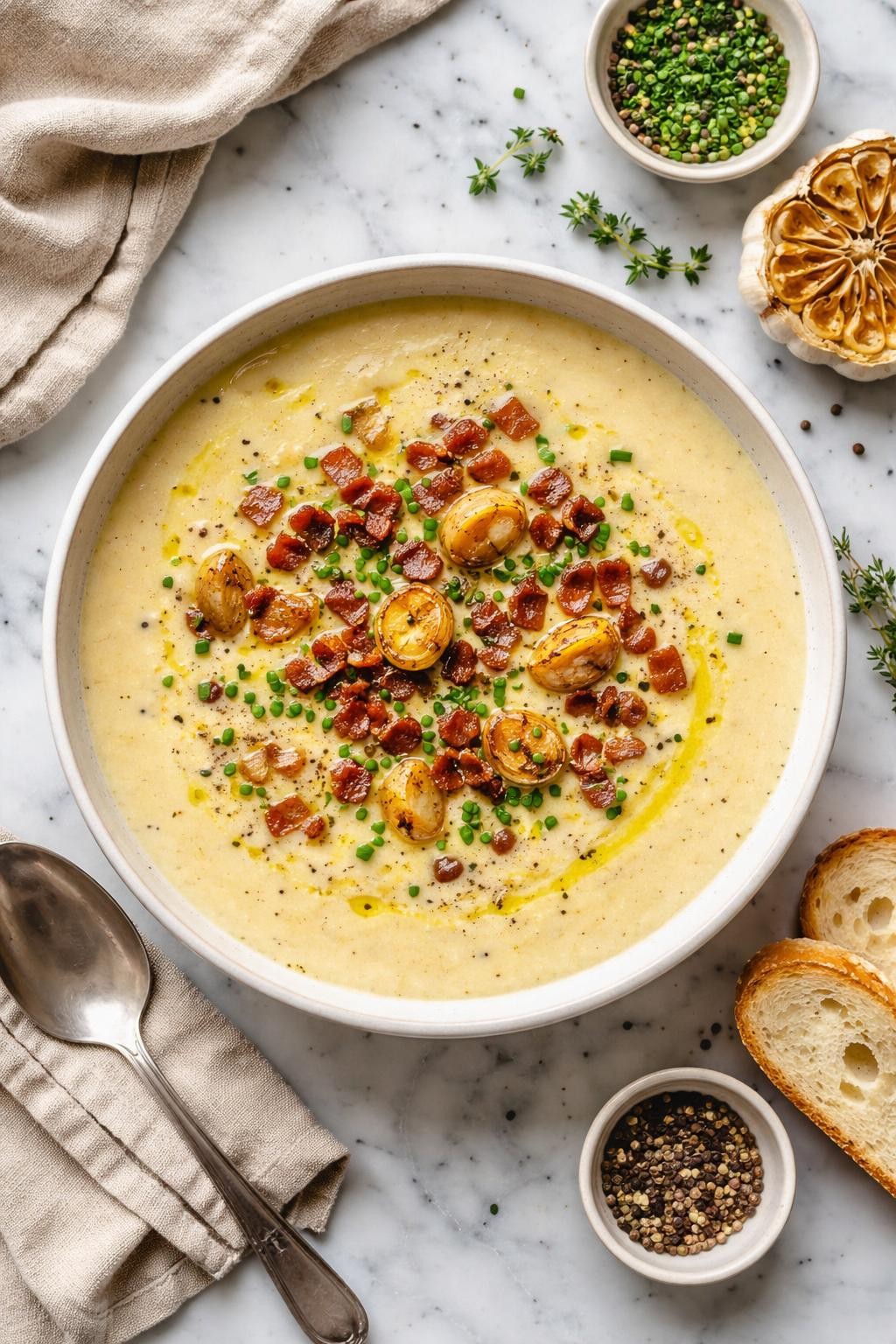 An overheard picture view of a plate of Roasted Garlic and Potato Soup sitting on a marble countertop table in the kitchen, professional food photography style.