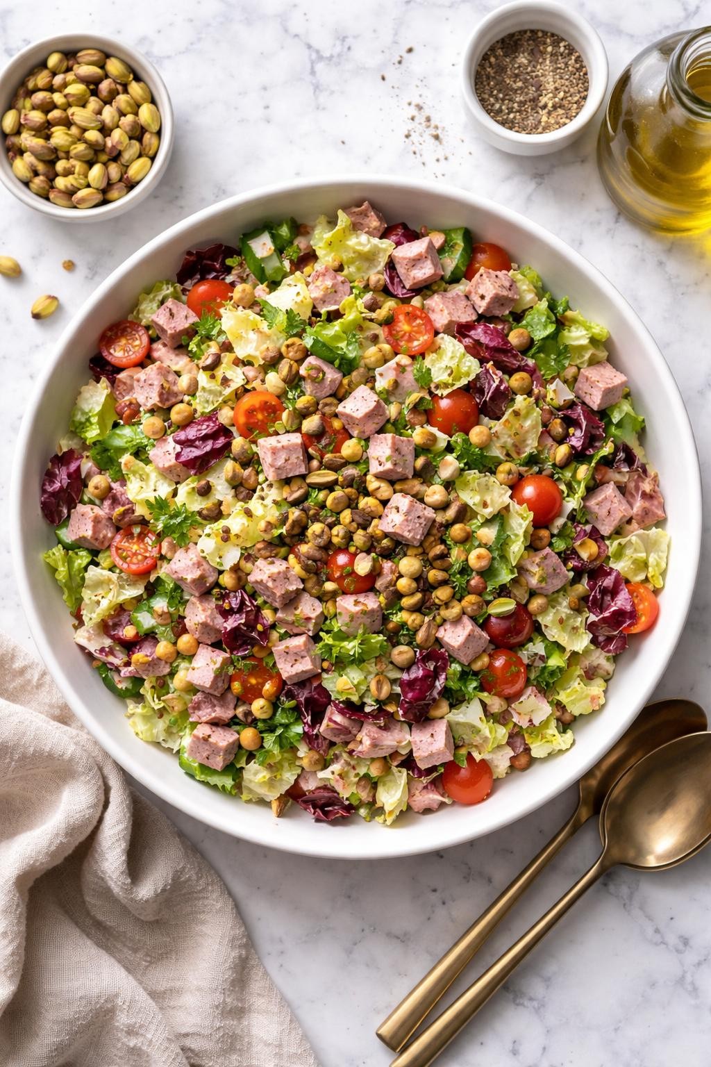 An overheard picture view of a plate of Chopped Salad with Mortadella and Pistachios sitting on a marble countertop table in the kitchen, professional food photography style.