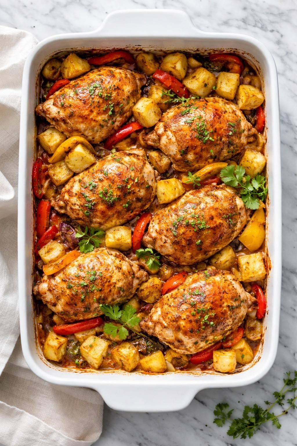 Image Prompt: Realistic top-down editorial food photography of Mexican chicken thighs baked with potatoes in a white baking dish on a clean white and gray marble countertop, golden chicken thighs with roasted potato cubes, peppers, and herbs, cozy homemade dinner styling, bright natural daylight, no people, no hands, no text, no watermarks, no props with writing.