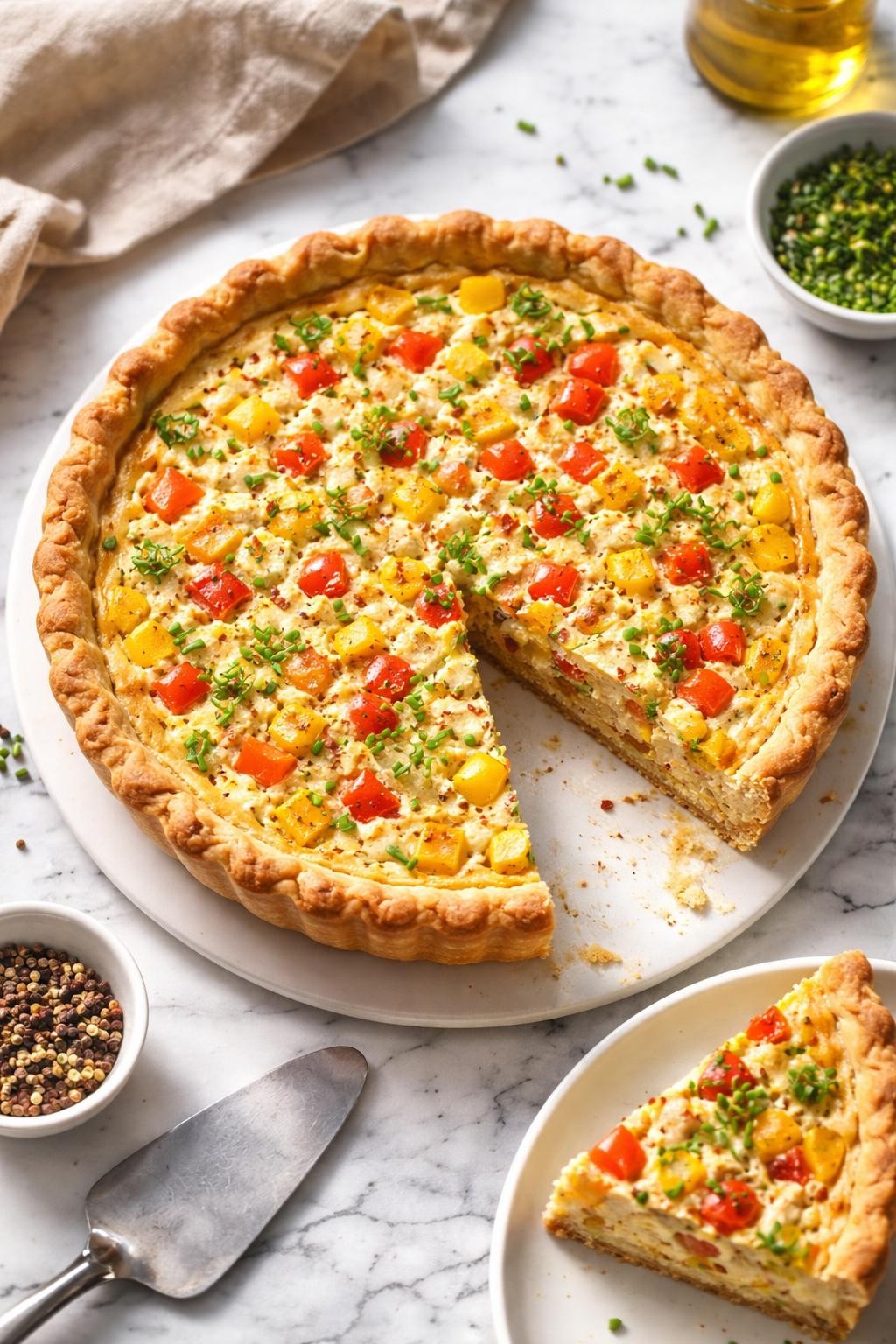 Image Prompt: Top-down realistic editorial food photography of a homemade vegan bell pepper quiche on a clean white and gray marble countertop, flaky crust filled with creamy tofu quiche filling and colorful diced bell peppers, one slice removed to show the soft savory texture inside, cheerful homemade brunch mood, bright natural window lighting, soft shadows, high detail, no people, no hands, no text, no watermarks, no props with writing.